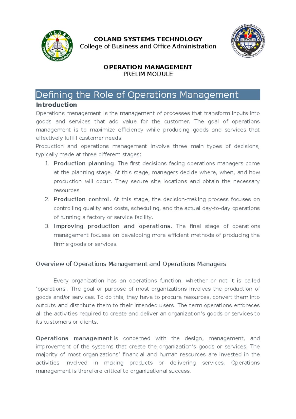 OPM 101: Operations Management Preliminary Module Overview - Studocu