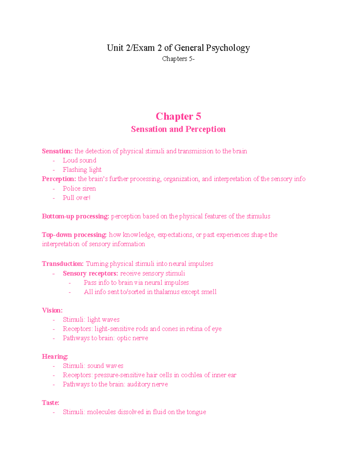 General Psychology (PSY 101) Unit 2: Sensation & Perception Notes - Studocu