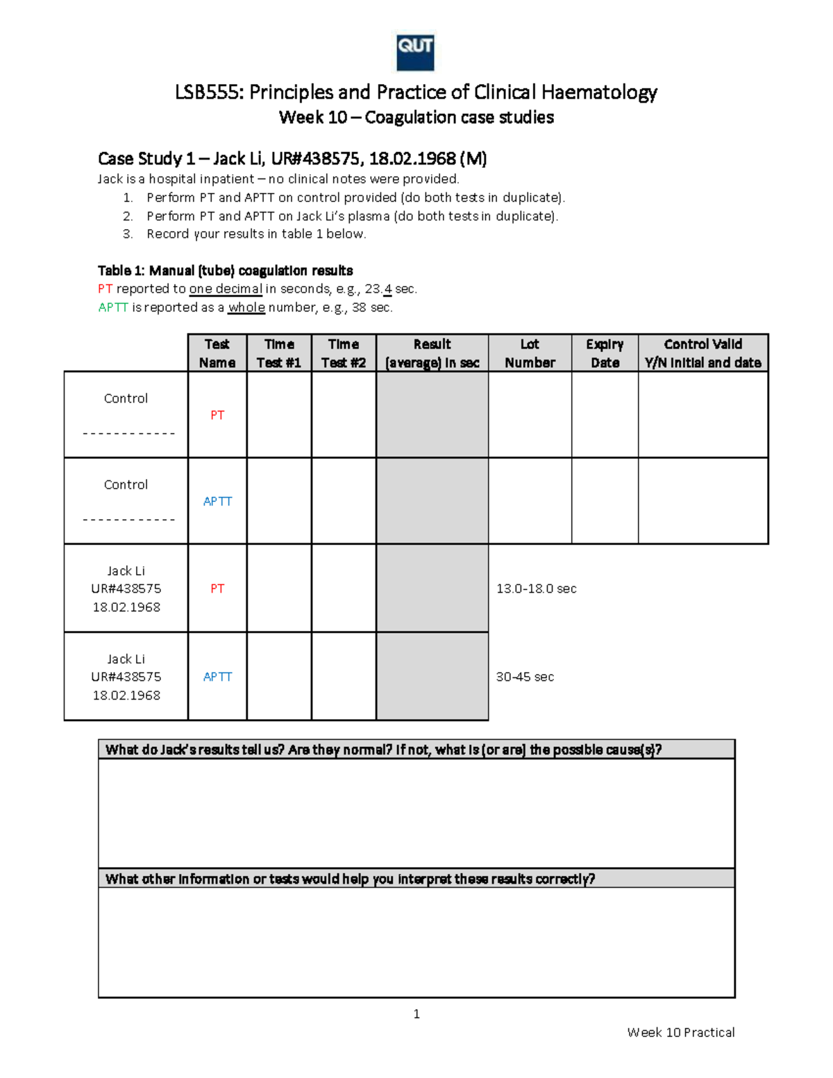 Week 10 Practical notes 2021 - Week 10 – Coagulation case studies 1 ...