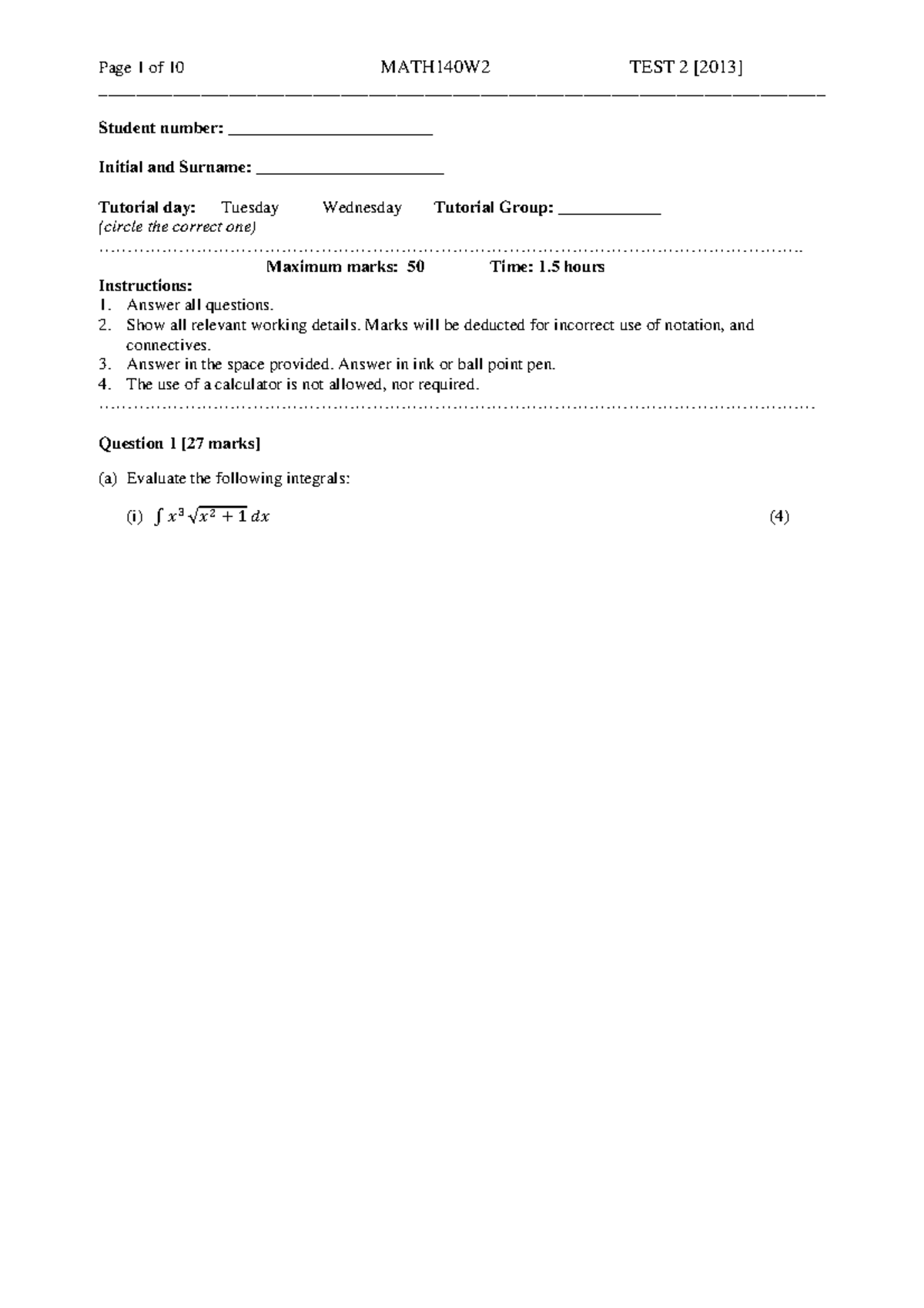 MATH140W2 Test 2 Exam Paper - 2013 Edition - Studocu