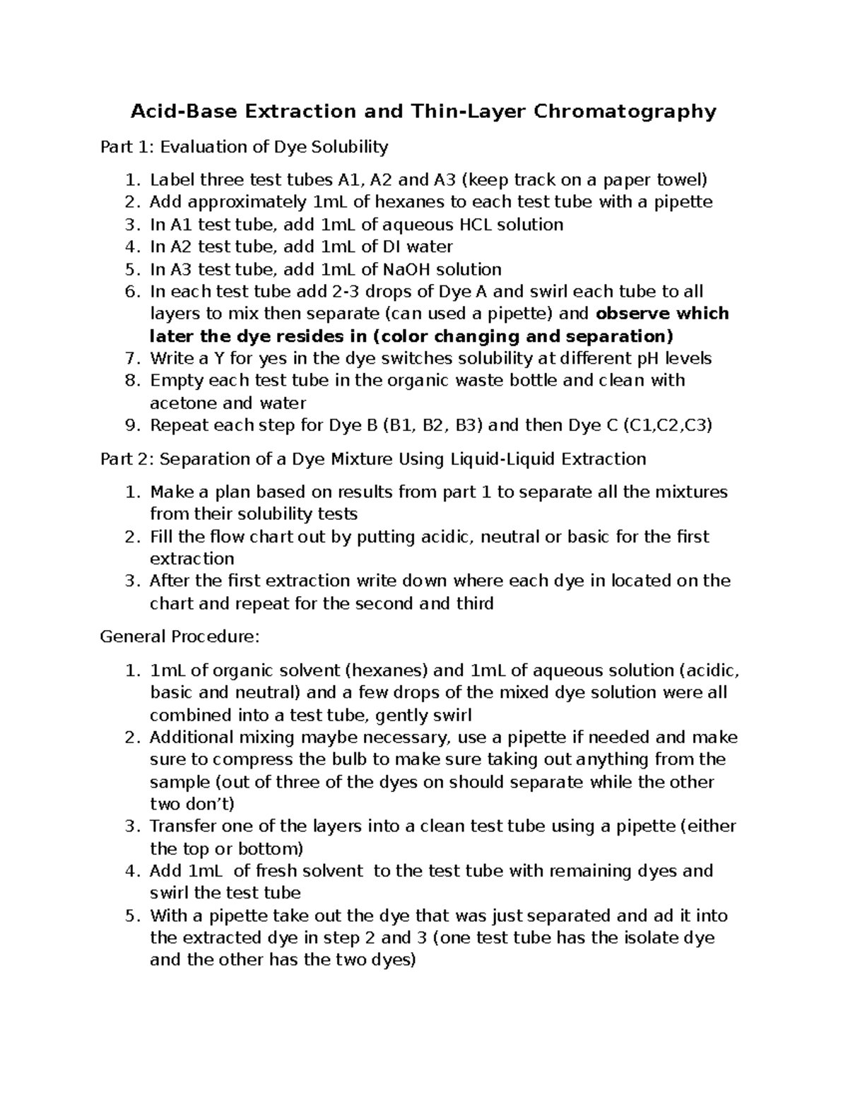 Prelab plan #3 - pre-lab plan - Acid-Base Extraction and Thin-Layer ...