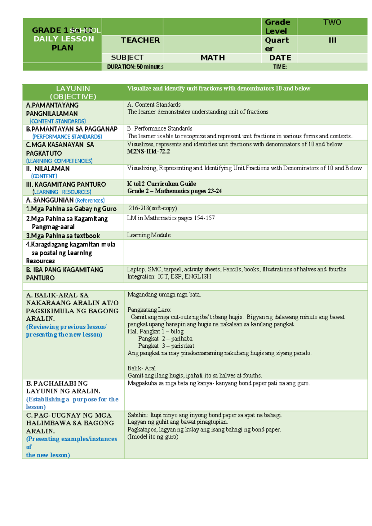 MATH 2-COT - Quarter 3 Lesson Plan on Unit Fractions - Studocu