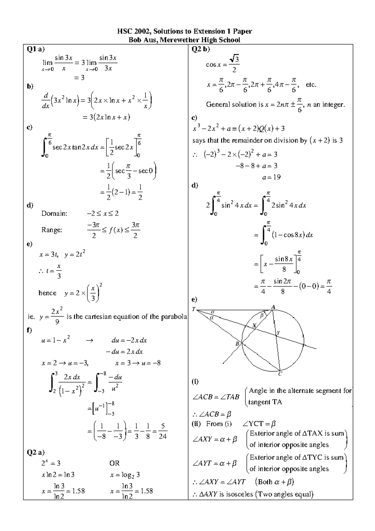 Maths Ext 1 HSC 2002 Solutions by Bob Aus: Complete Answer Guide - Studocu