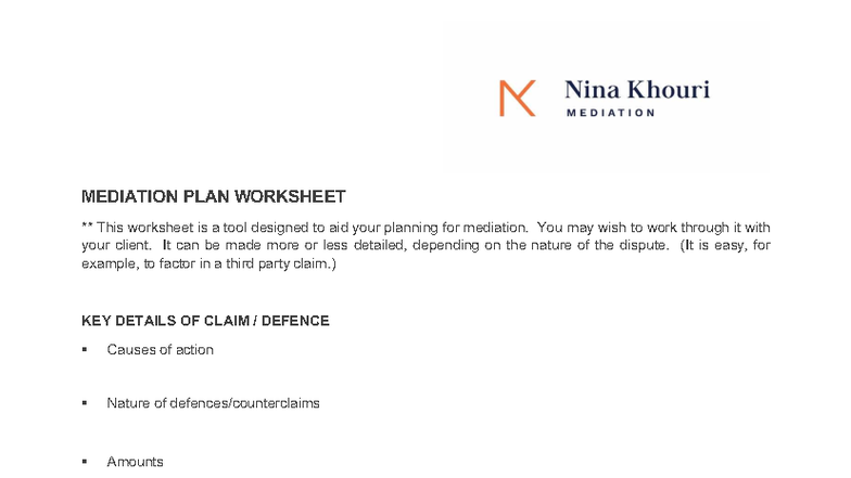 Mediation Plan Worksheet Strategic Planning for Dispute Resolution