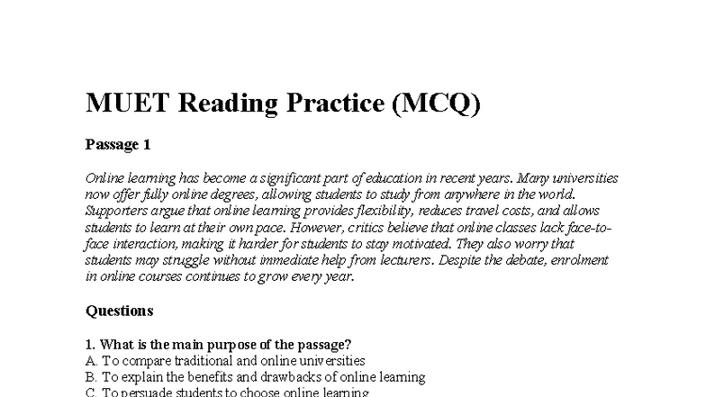 MUET Reading Practice (MCQ) - Online Learning & Reading Skills - Studocu