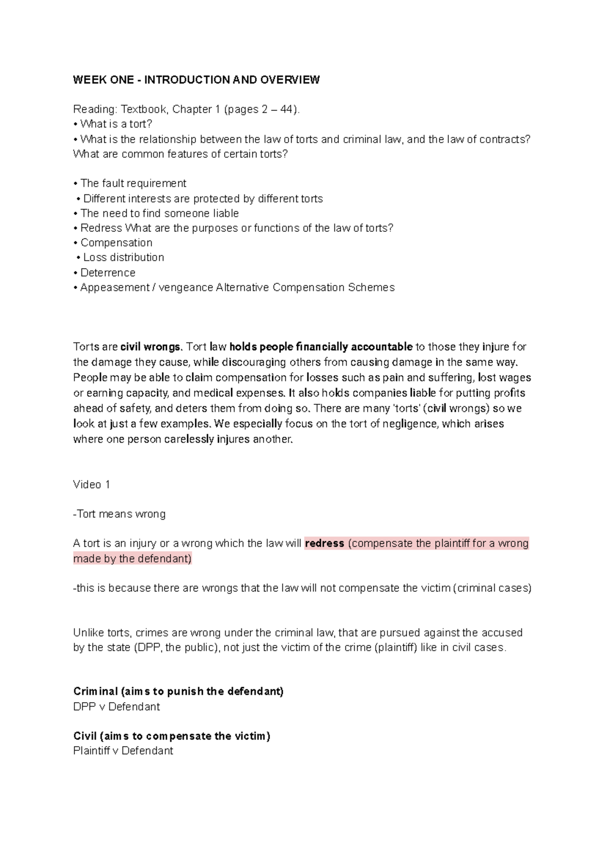 Torts week 1 - WEEK ONE - INTRODUCTION AND OVERVIEW Reading: Textbook ...