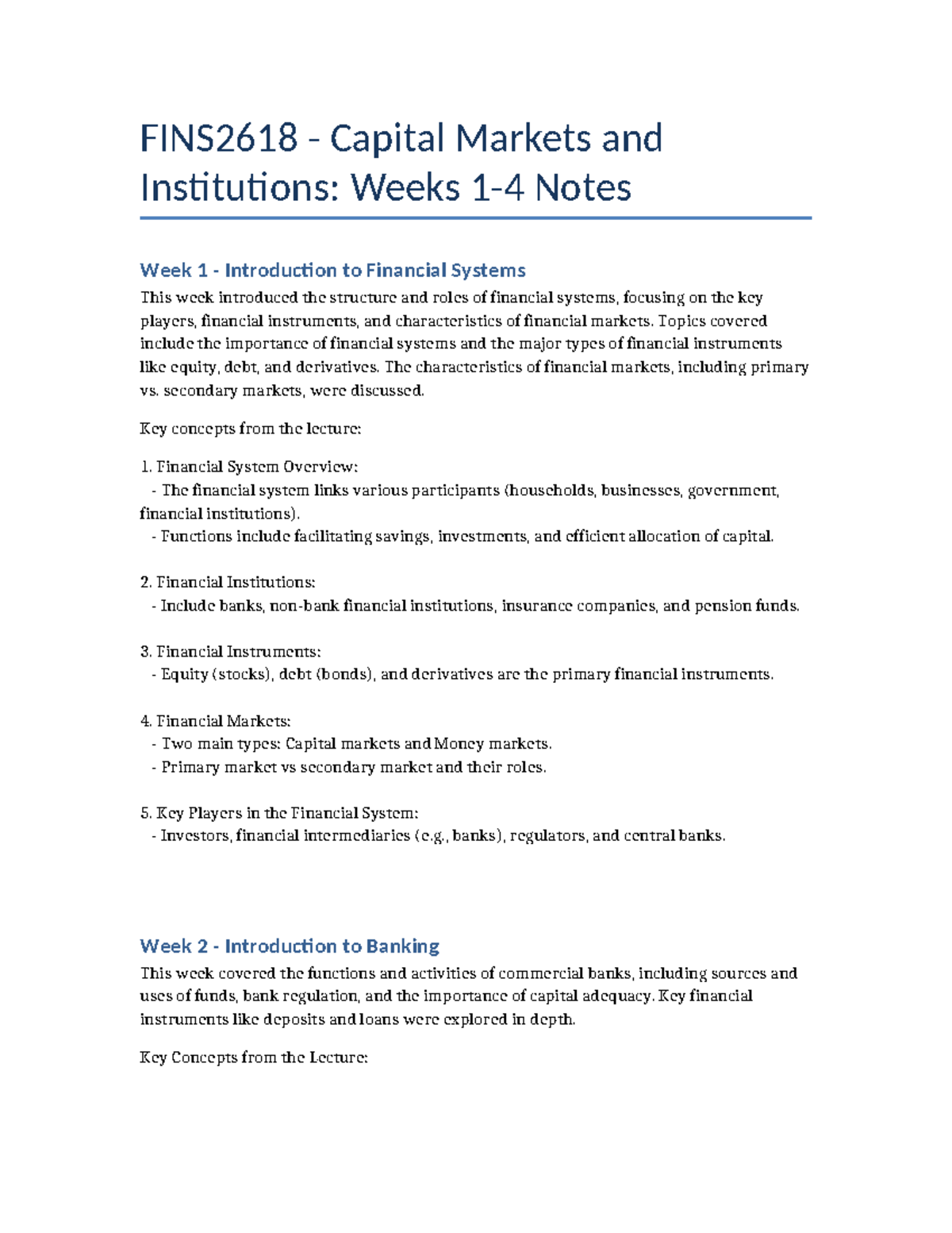FINS2618 Capital Markets & Institutions: Weeks 1-4 Overview Notes - Studocu