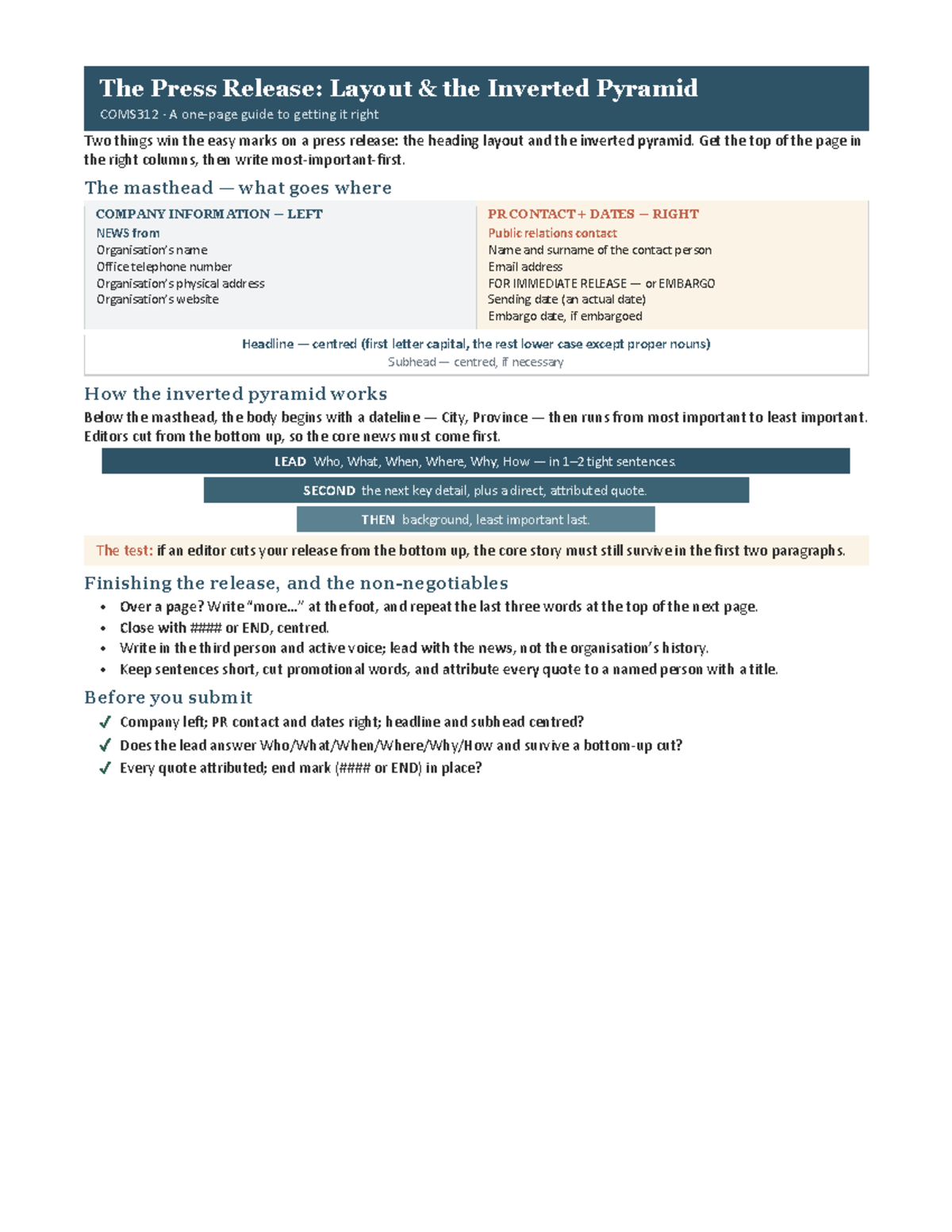 COMS312: The Press Release Layout & Inverted Pyramid Guide - Studocu