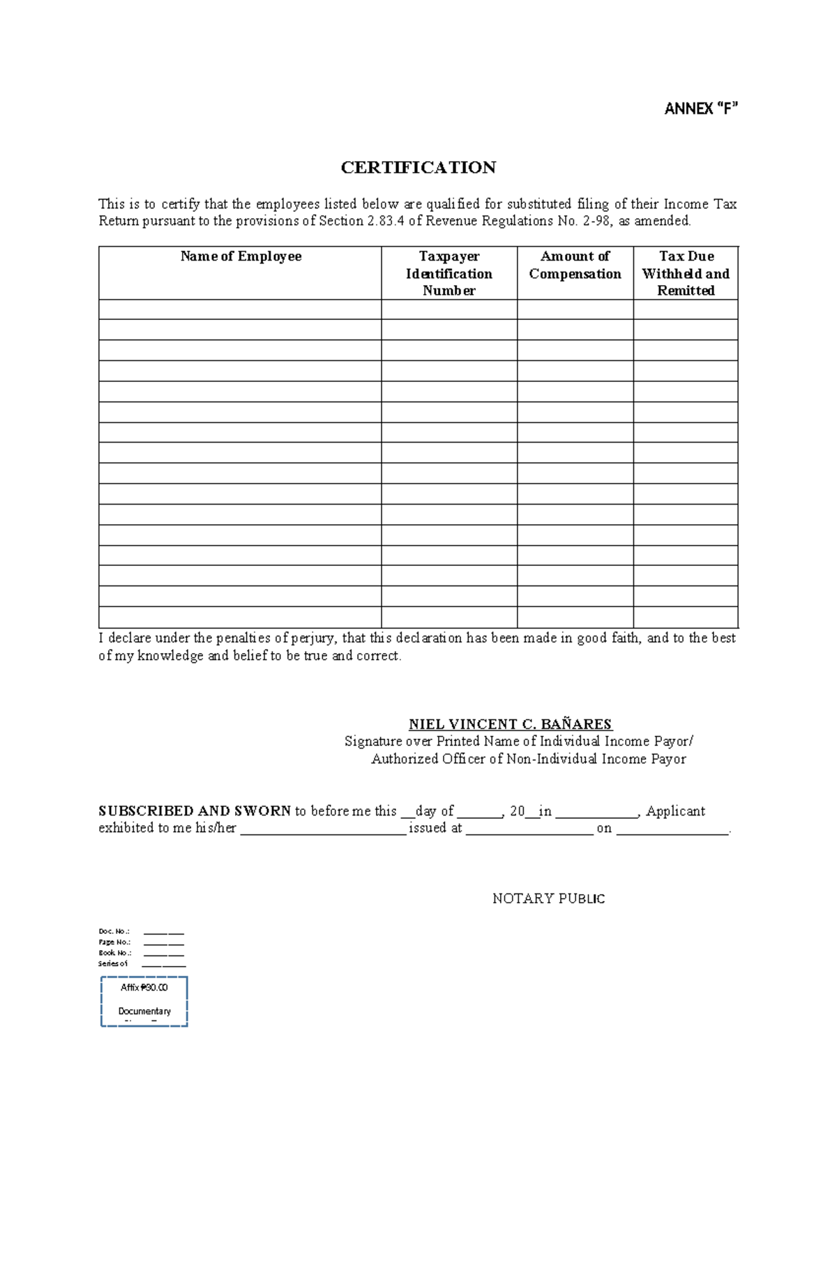 Annex F - Certification of Employee Income Tax Filing - Studocu