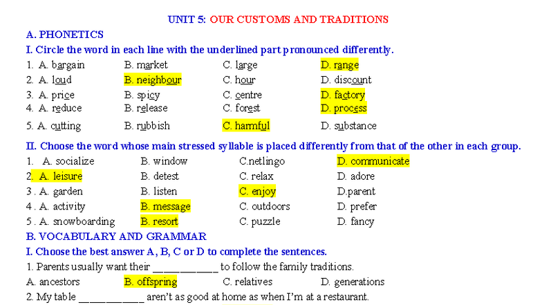 Practice Test UNIT 5: Customs and Traditions Exercises - Studocu