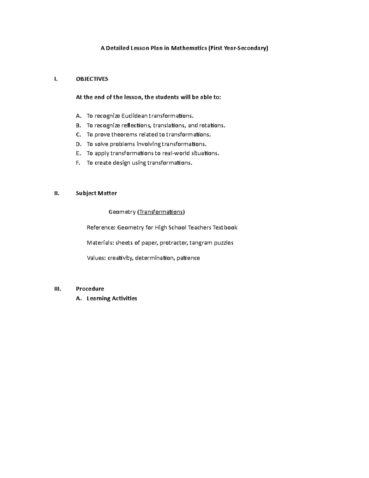 Detailed Lesson Plan: Euclidean Transformations in Math (1st Year ...
