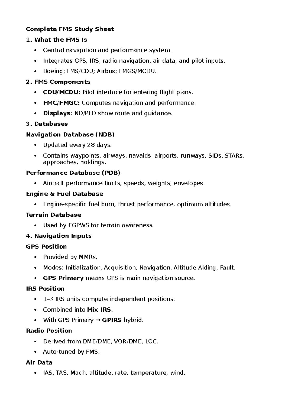 FMS Overview and Components Study Sheet for Aviation 101 - Studocu