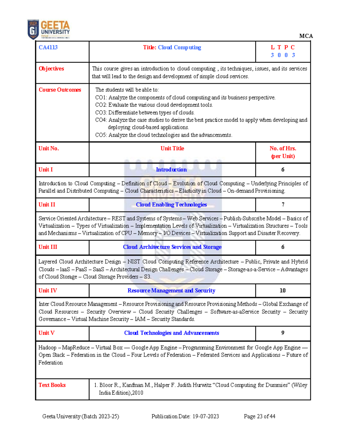 Cloud Computing Syllabus - 0&$ *HHWD 8QLYHUVLW\ %DWFK - Studocu