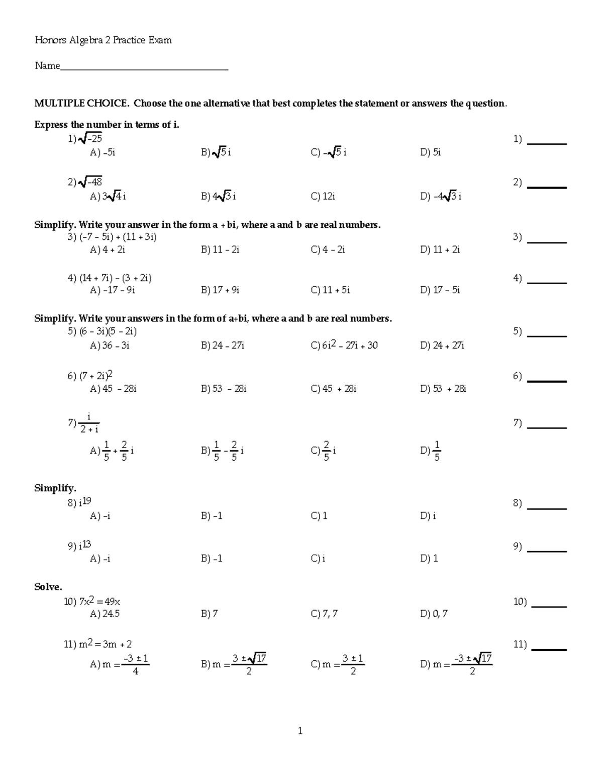 Honors Algebra 2 Practice Exam - Multiple Choice Questions - Studocu