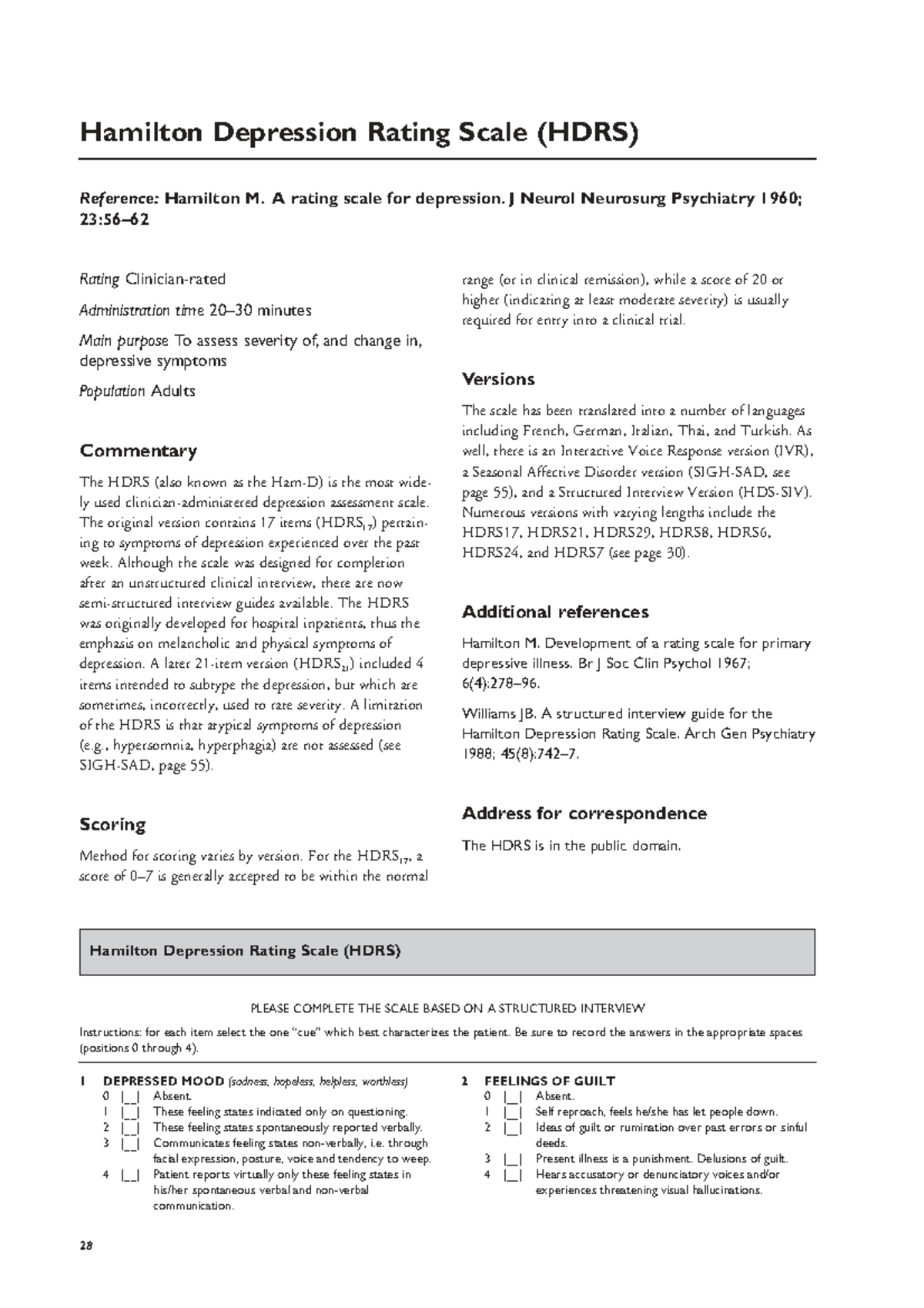 Hamilton Depression Rating Scale (HDRS) - Assessment Guide - Studocu