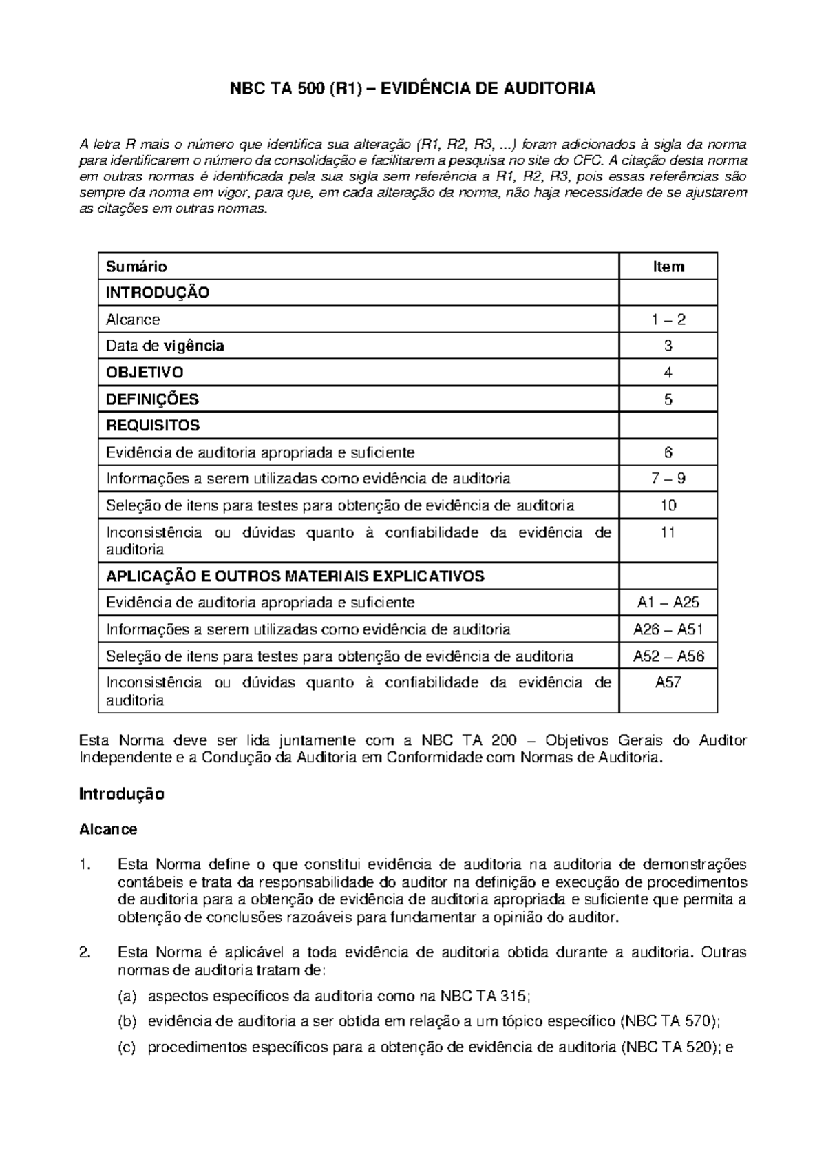 NBC TA 500(R1) - Normas sobre Evidência de Auditoria e Aplicações - Studocu