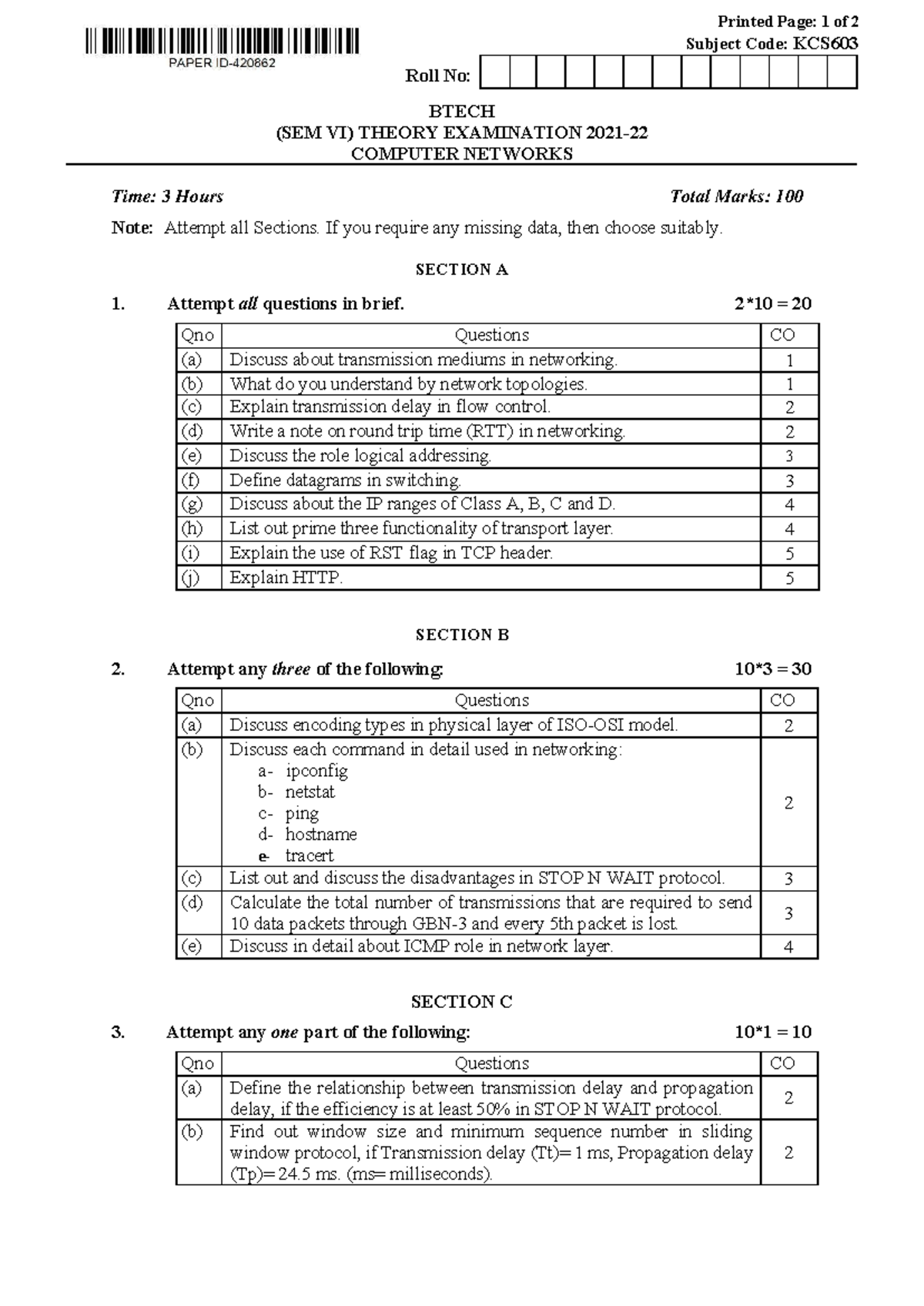 KCS603 BTECH (SEM VI) Theory Exam: Computer Networks Overview - Studocu