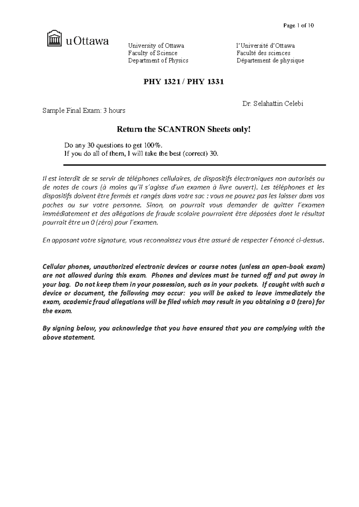Sample Final Exam Questions for PHY 1321 / PHY 1331 - Studocu