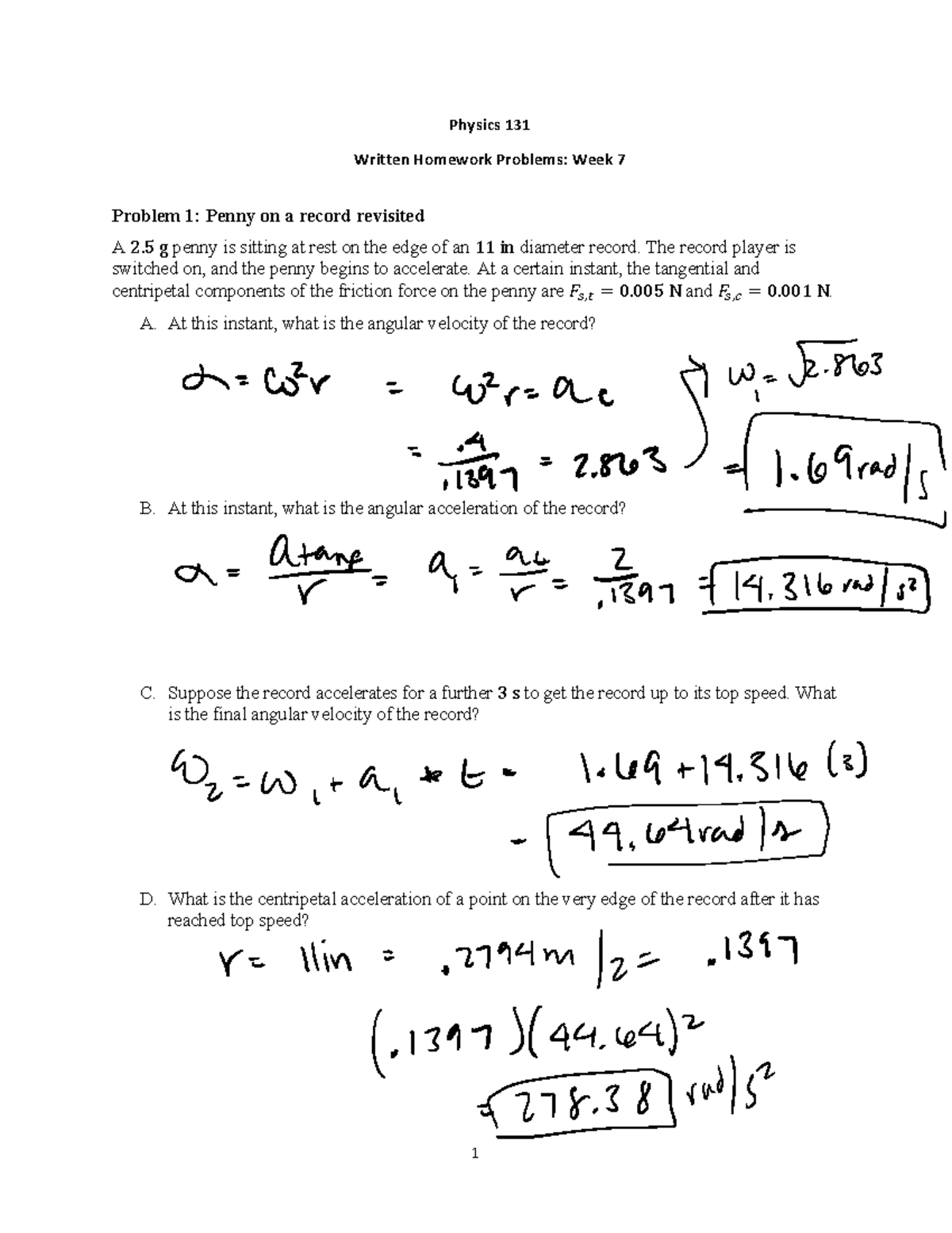Phys 131 Week7 Torque Written - 1 Physics 131 Written Homework Problems ...
