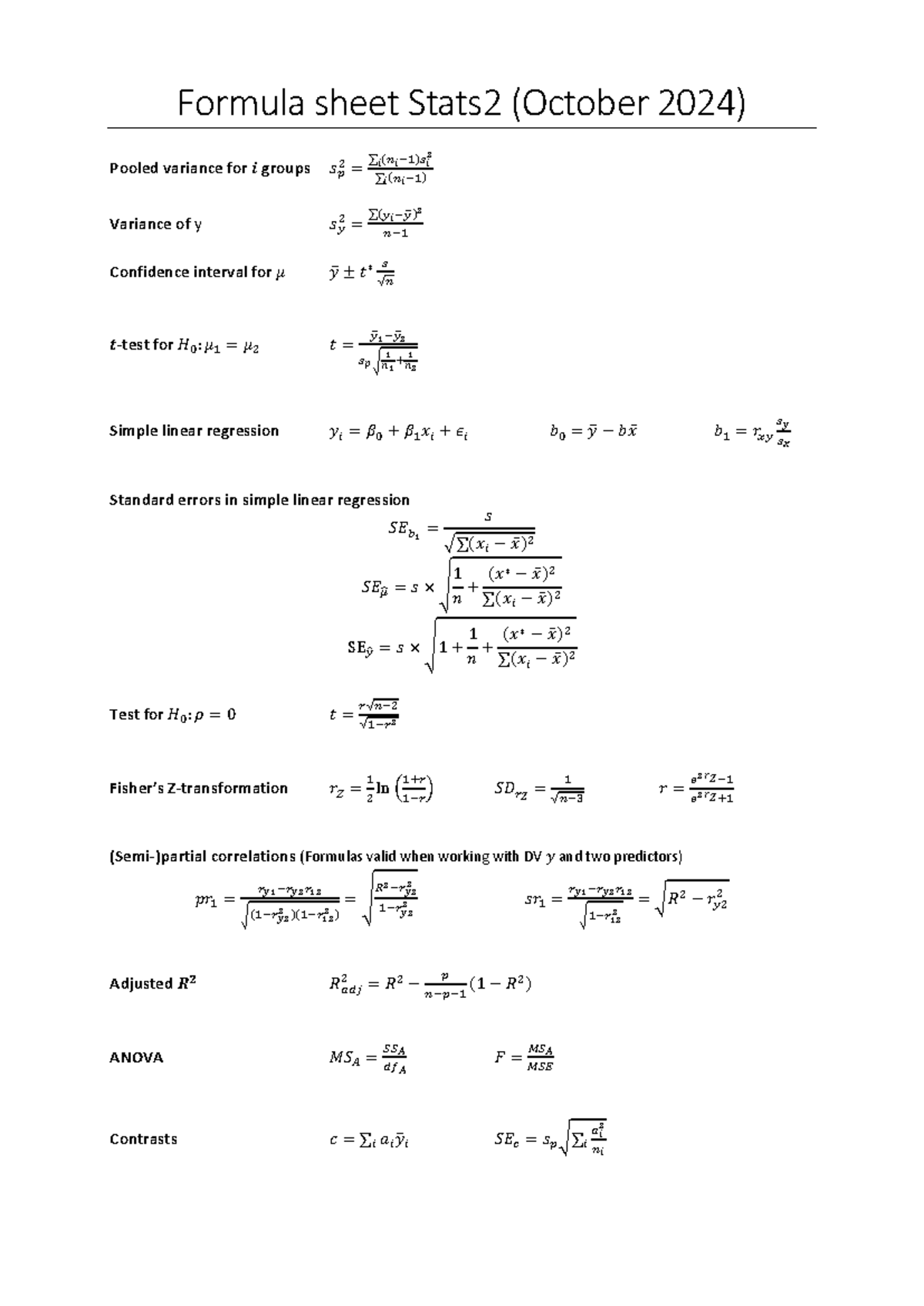 Stats2 Formula Sheet for Exam Preparation (Oct 2024) - Studeersnel