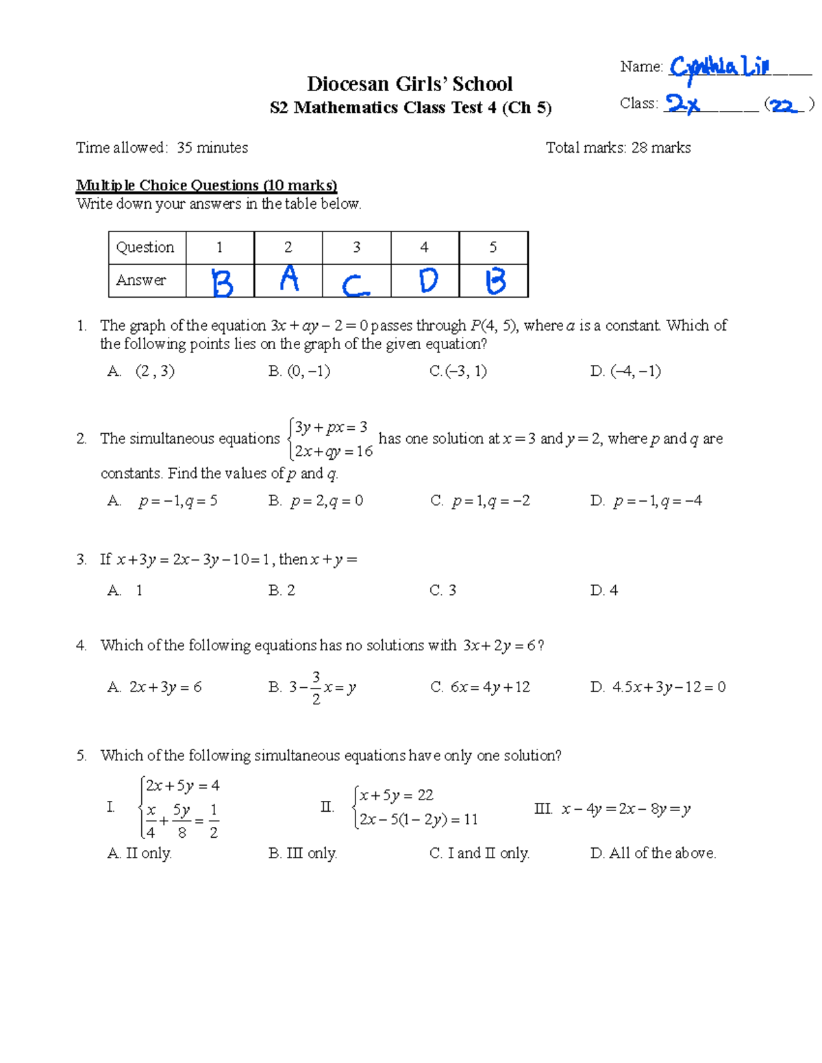 S2 Mathematics Class Test 4 (Ch 5) - Studocu