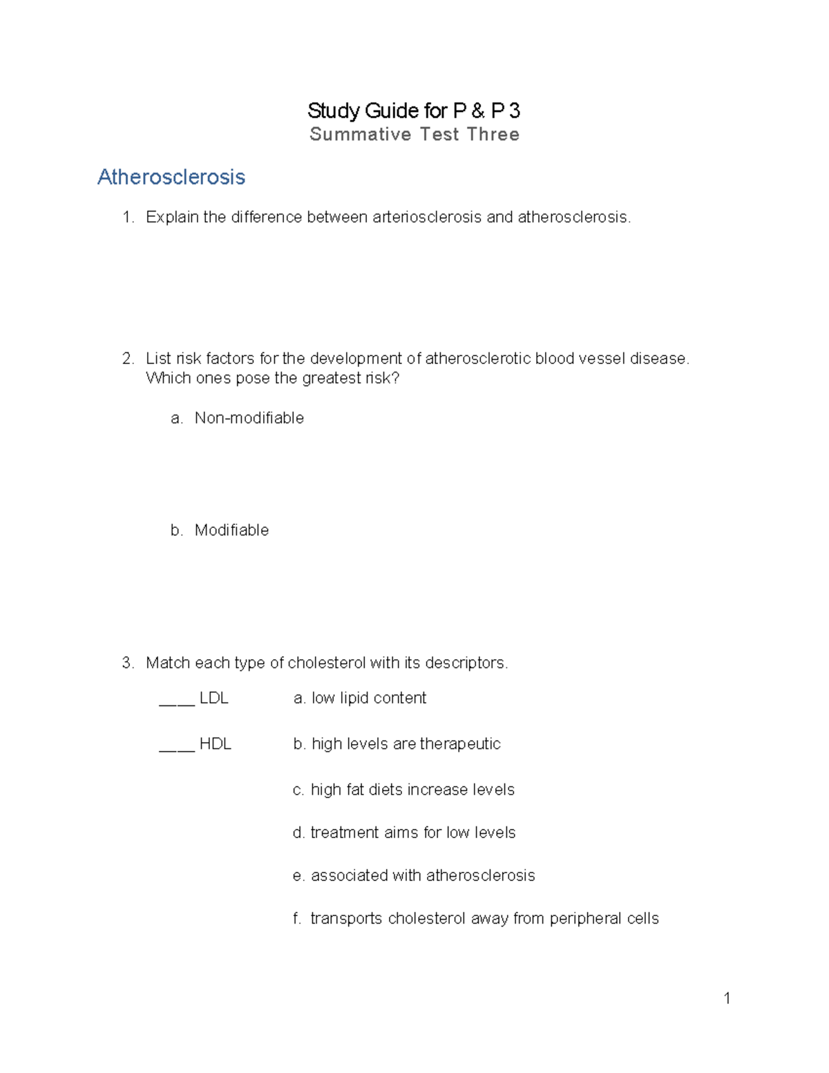 P&P 3 Test Three Study Guide: Atherosclerosis and Cardiac Health - Studocu