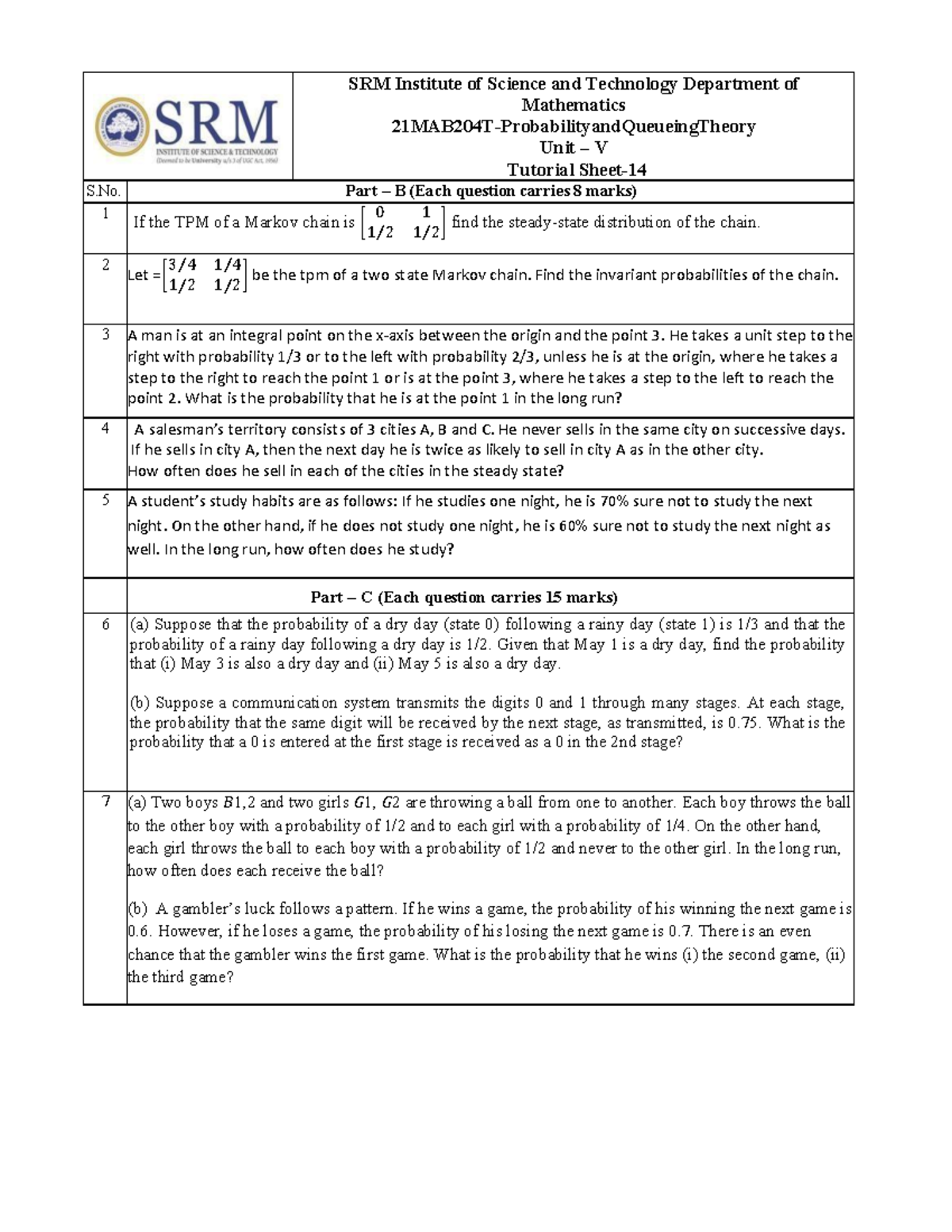 PQT - AY 2025-26 Unit V - Markov Chain Tutorial Questions - Studocu
