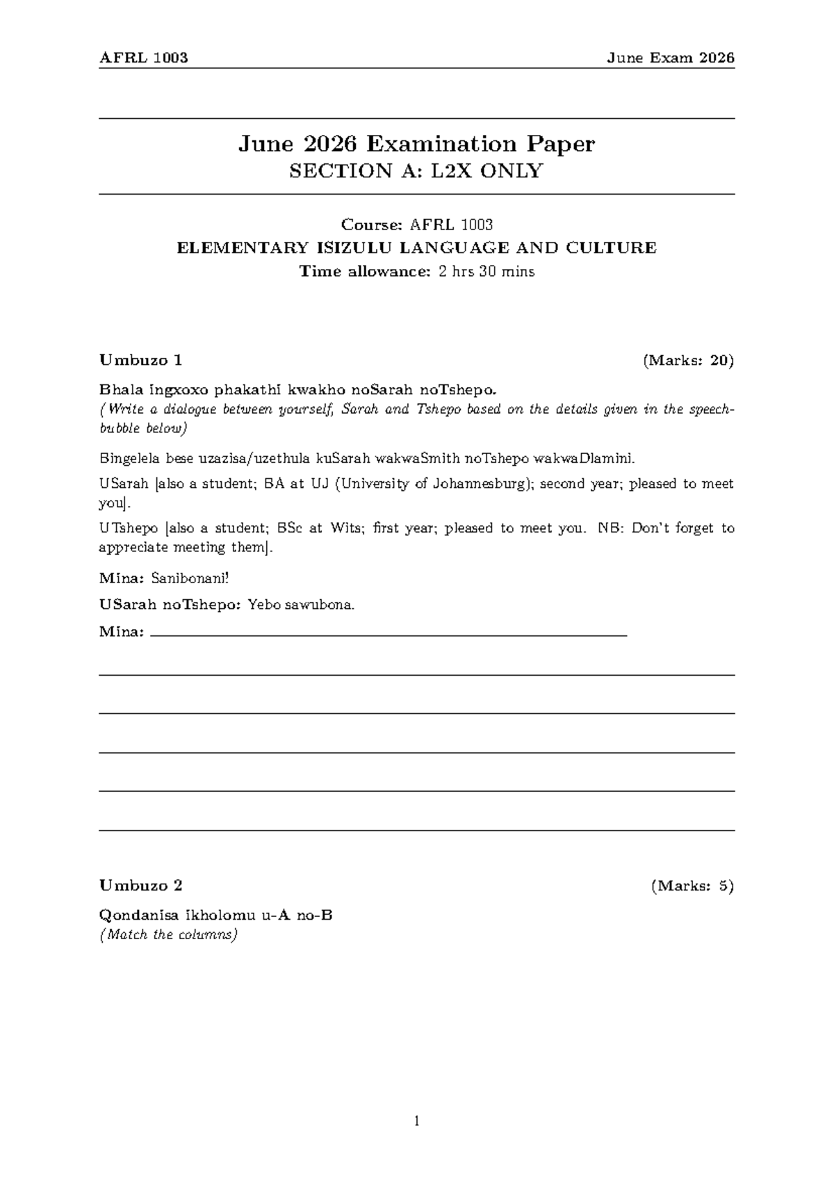 AFRL 1003 June 2026 Exam Paper - Elementary Isizulu Language - Studocu