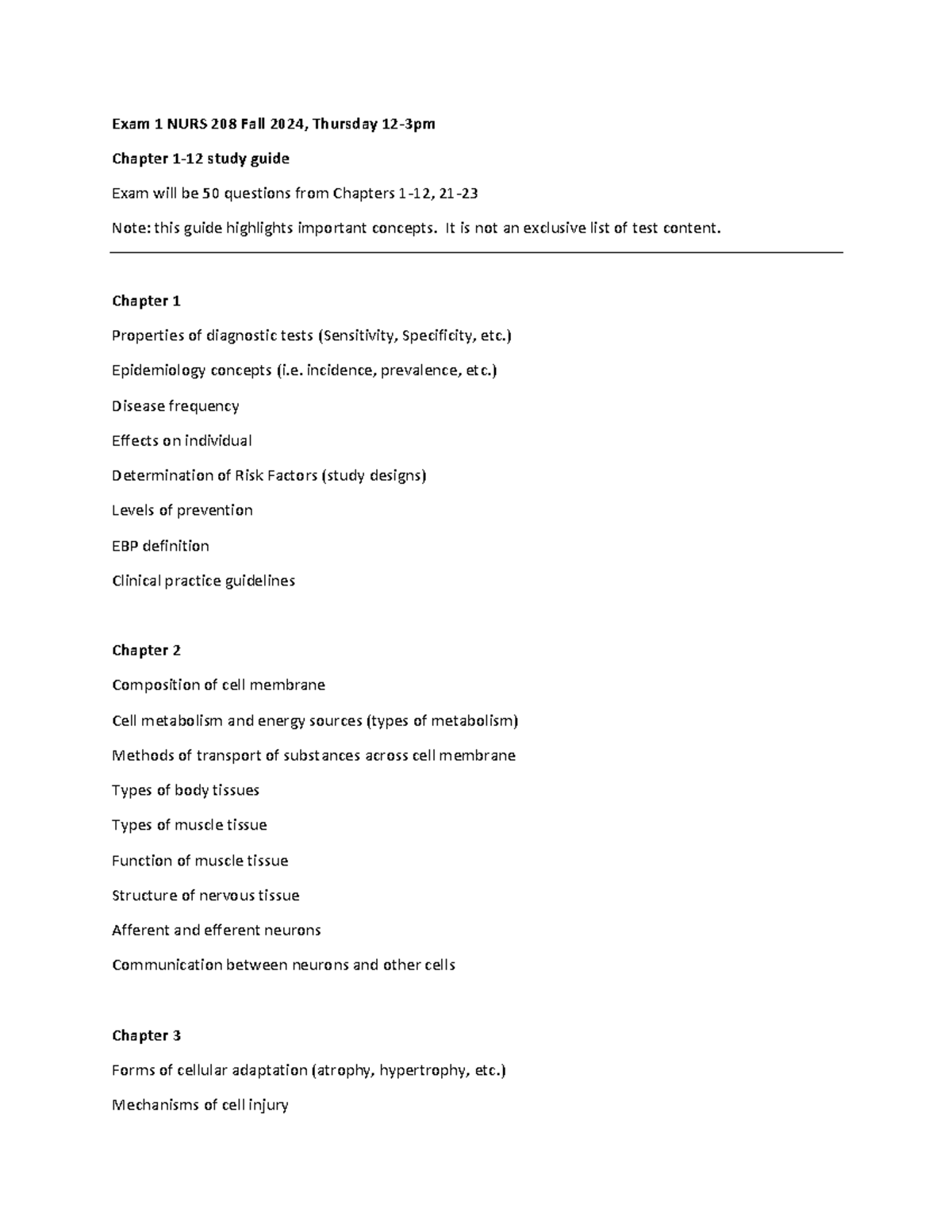 NURS 208 Exam 1 Study Guide: Key Concepts from Chapters 1-12 - Studocu