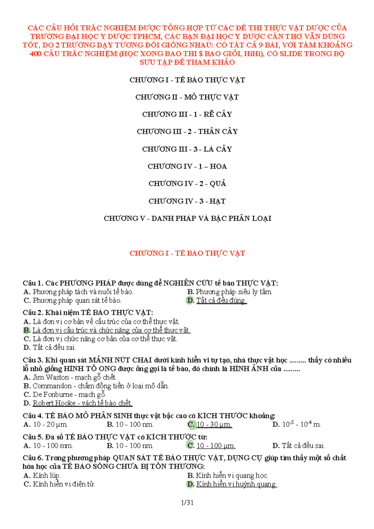 450 Câu Trắc Nghiệm Thực Vật - Tài Liệu Ôn Tập 1-3DE - Document Preview