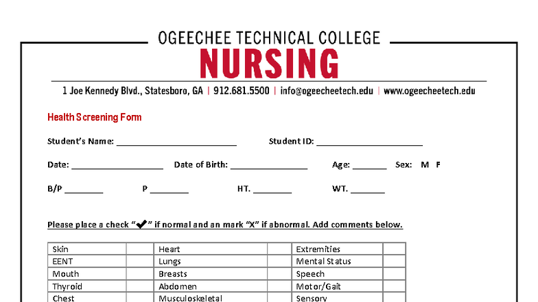 ASN Health Screening & Physical Assessment Form - Studocu