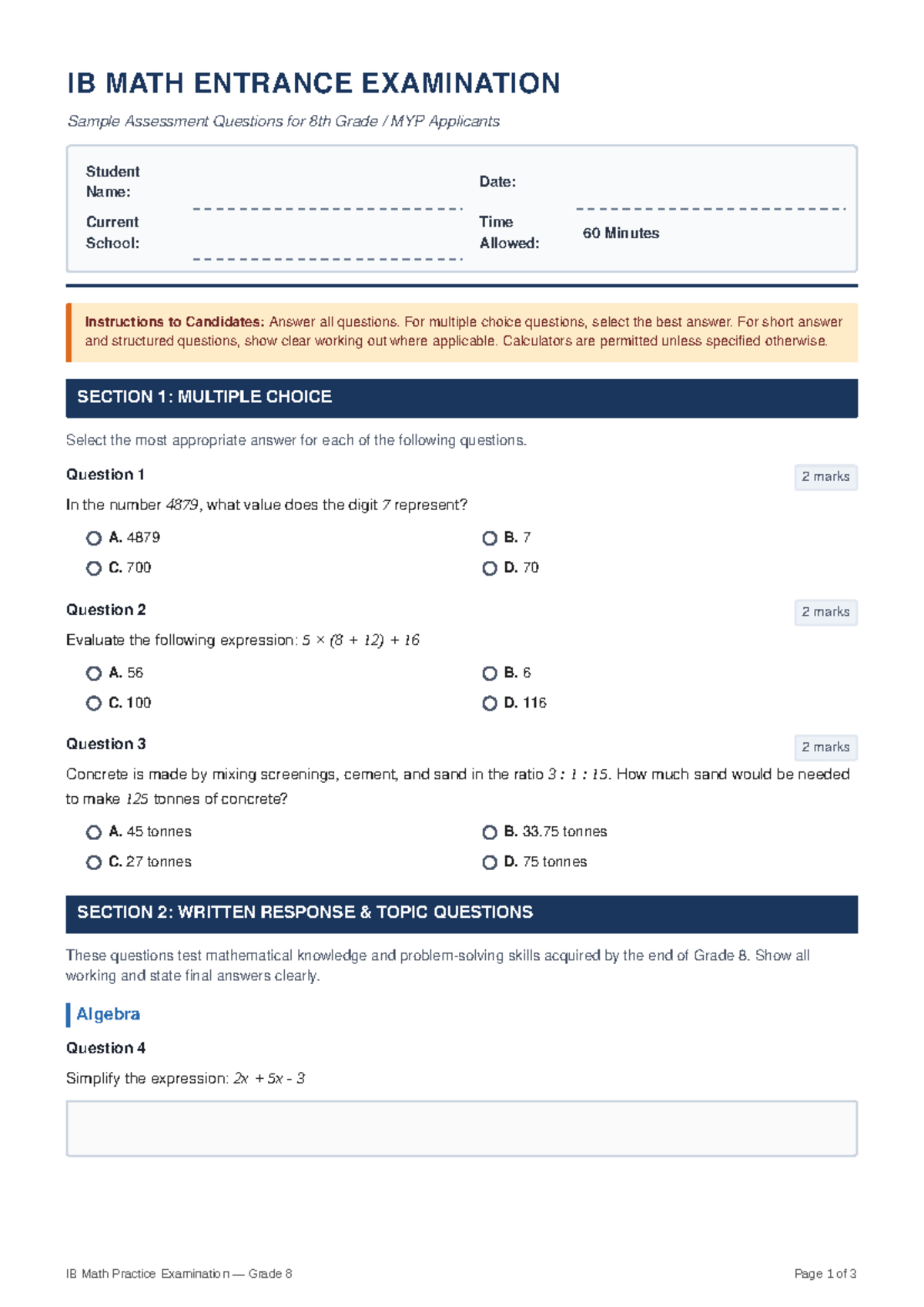 IB MATH G8 PRACTICE EXAM: Sample Assessment Questions - Studocu