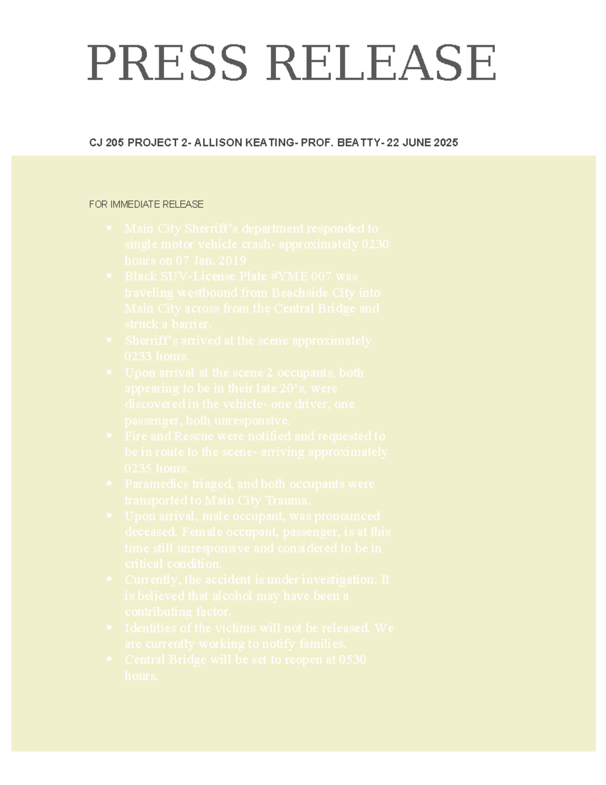 Press Release: CJ 205 Project - Motor Vehicle Accident Update - Studocu