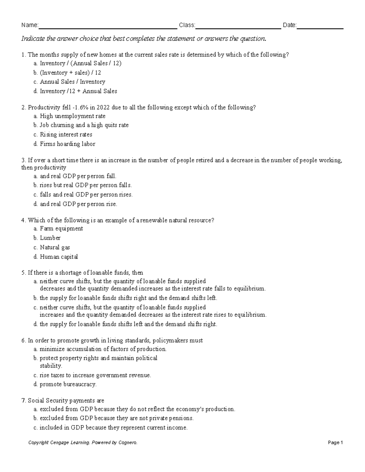 Econ 102 Practice Exam 1 - Name: Class: Date: Indicate the answer ...