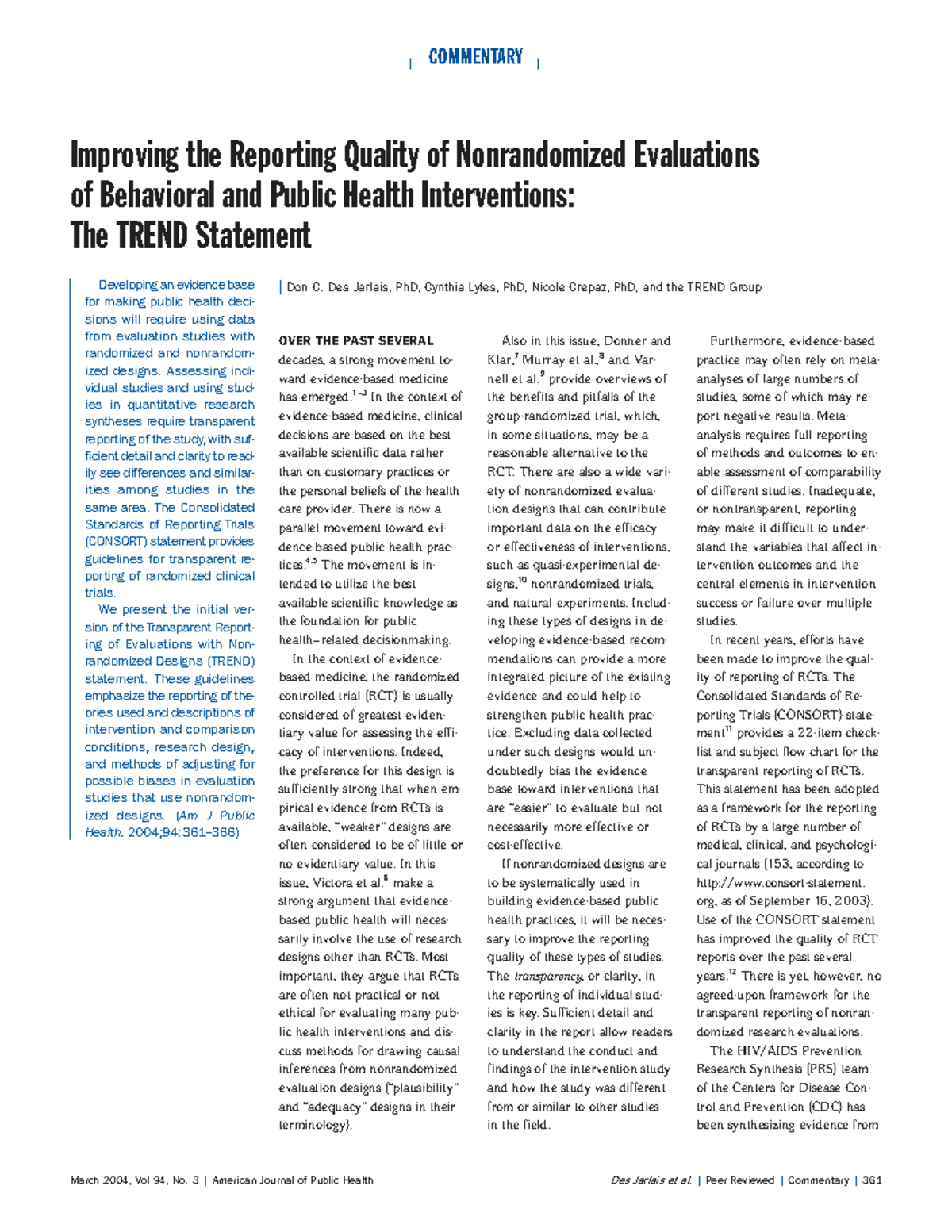 TREND Statement: Enhancing Reporting Quality for Nonrandomized ...