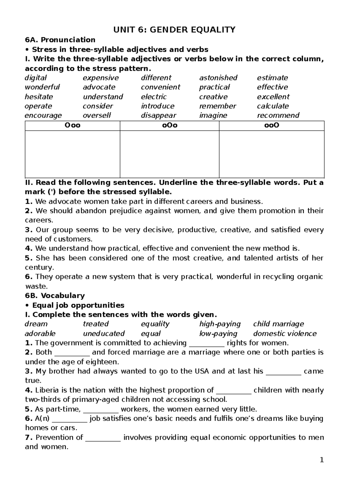 Unit 6 - Unit 6 Anh 10 - UNIT 6: GENDER EQUALITY 6A. Pronunciation ...