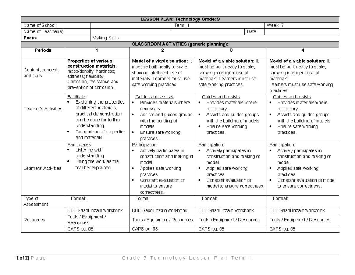 Technology Lesson Plan: Grade 9 Term 1 Week 7 - Studocu