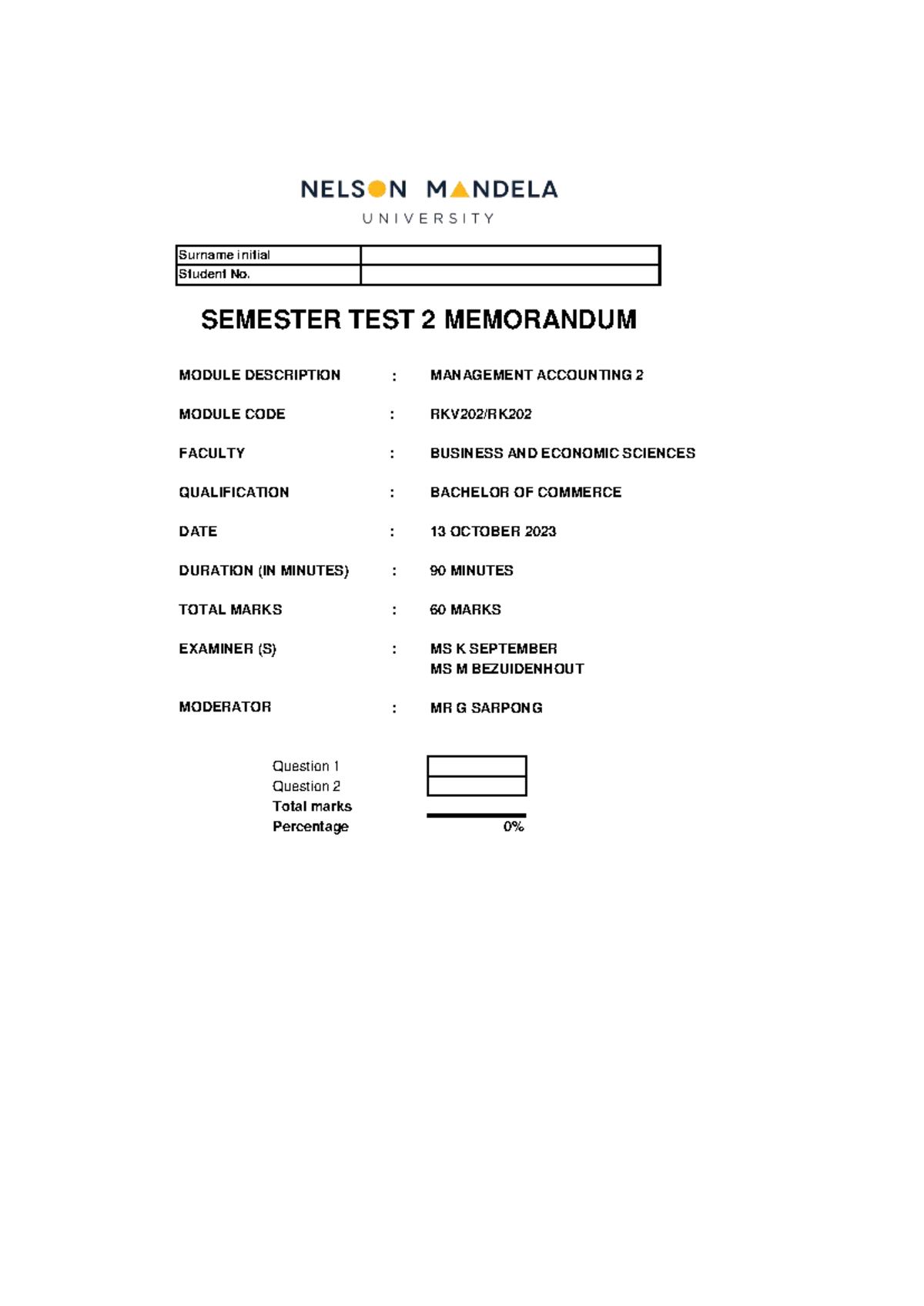 RKV202 2023 Management Accounting 2 Test 2 Solutions - Studocu