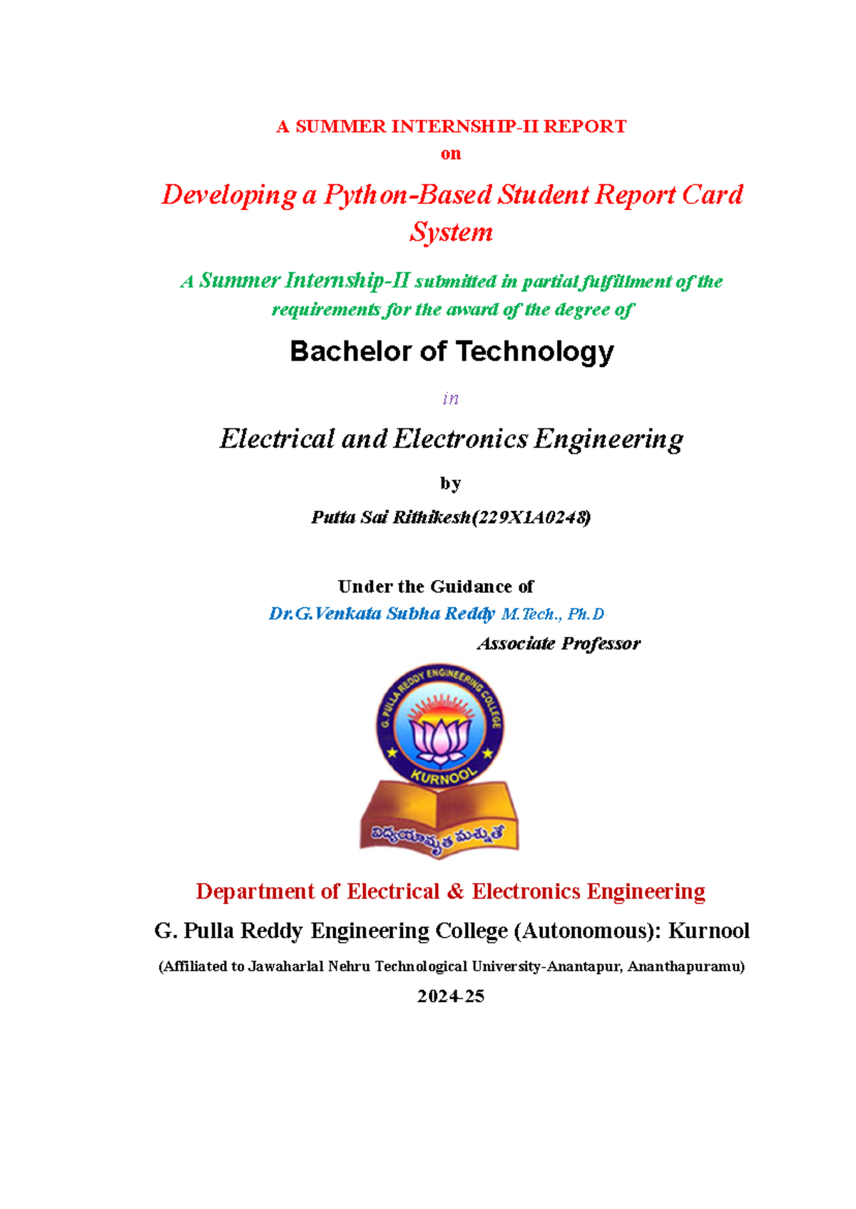 B.Tech Summer Internship Report: Student Report Card System (229X1A0248 ...