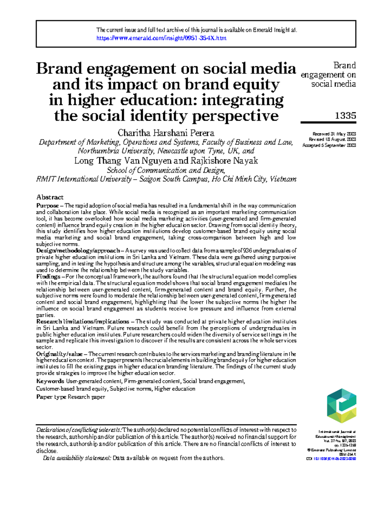 Brand Engagement on Social Media and Its Impact on Brand Equity in HEI ...