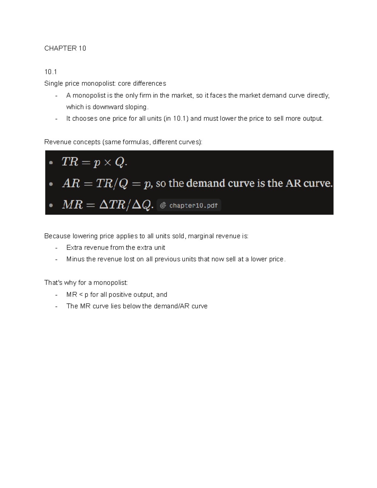 Chapter 10 Summary: Single Price Monopolist in Econ 208 - Studocu