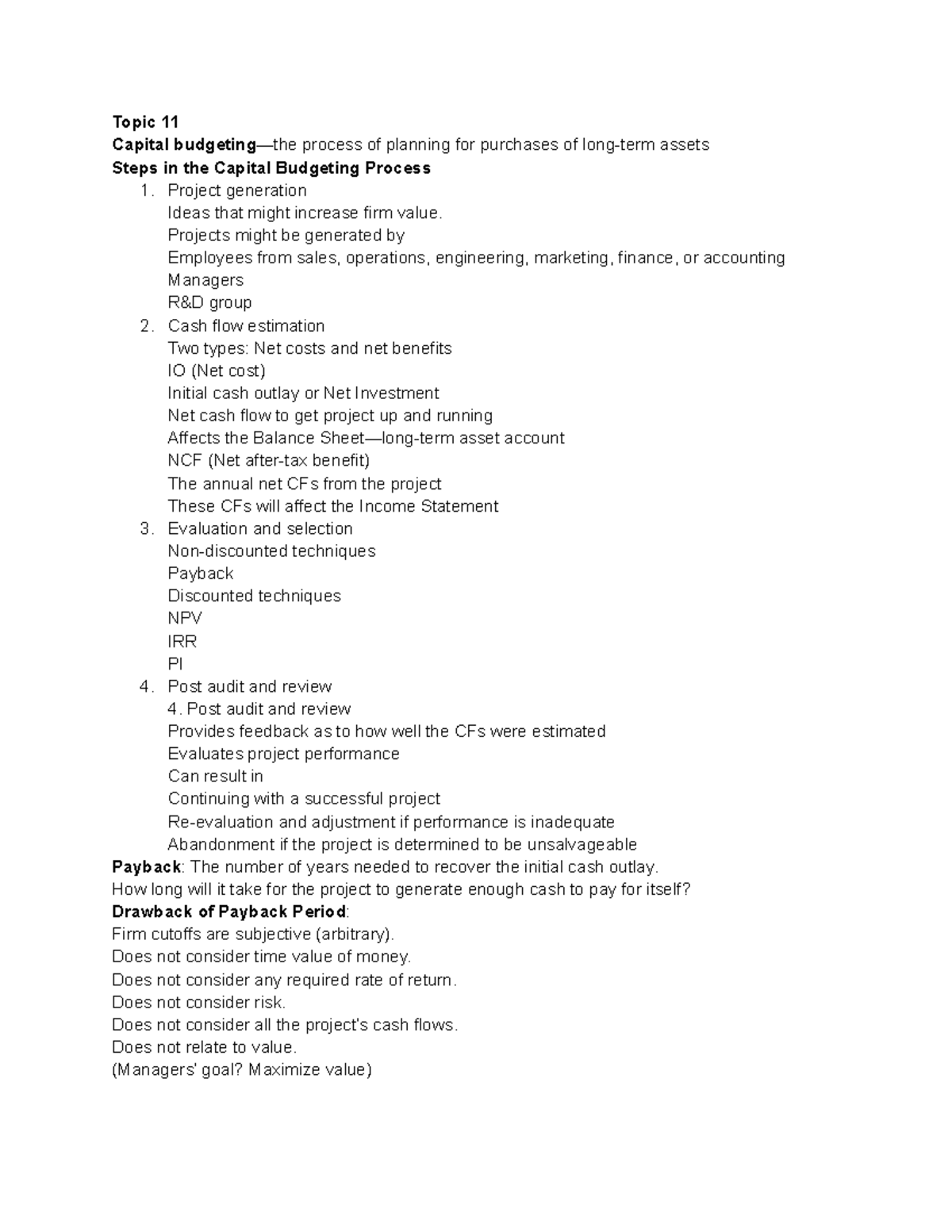 FINA 300 - Exam 3 Review: Capital Budgeting Lecture Notes - Studocu