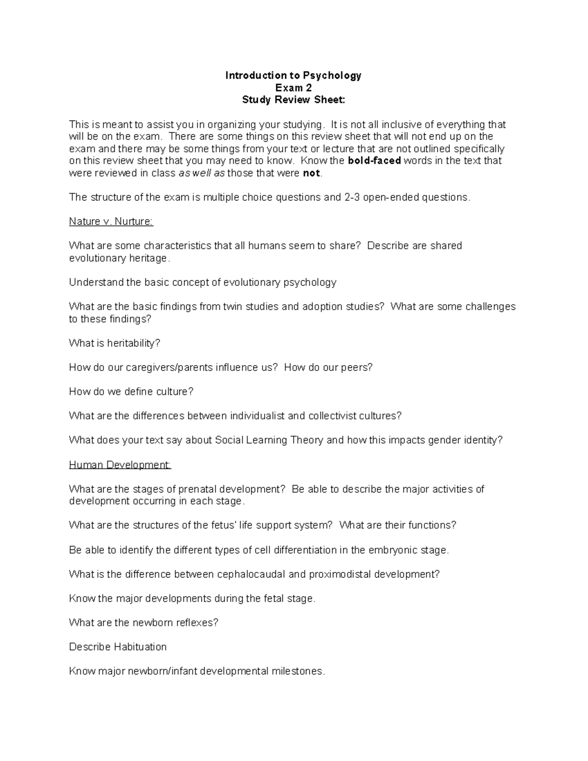PSY 101: Exam 2 Study Review Sheet for Intro to Psychology - Studocu