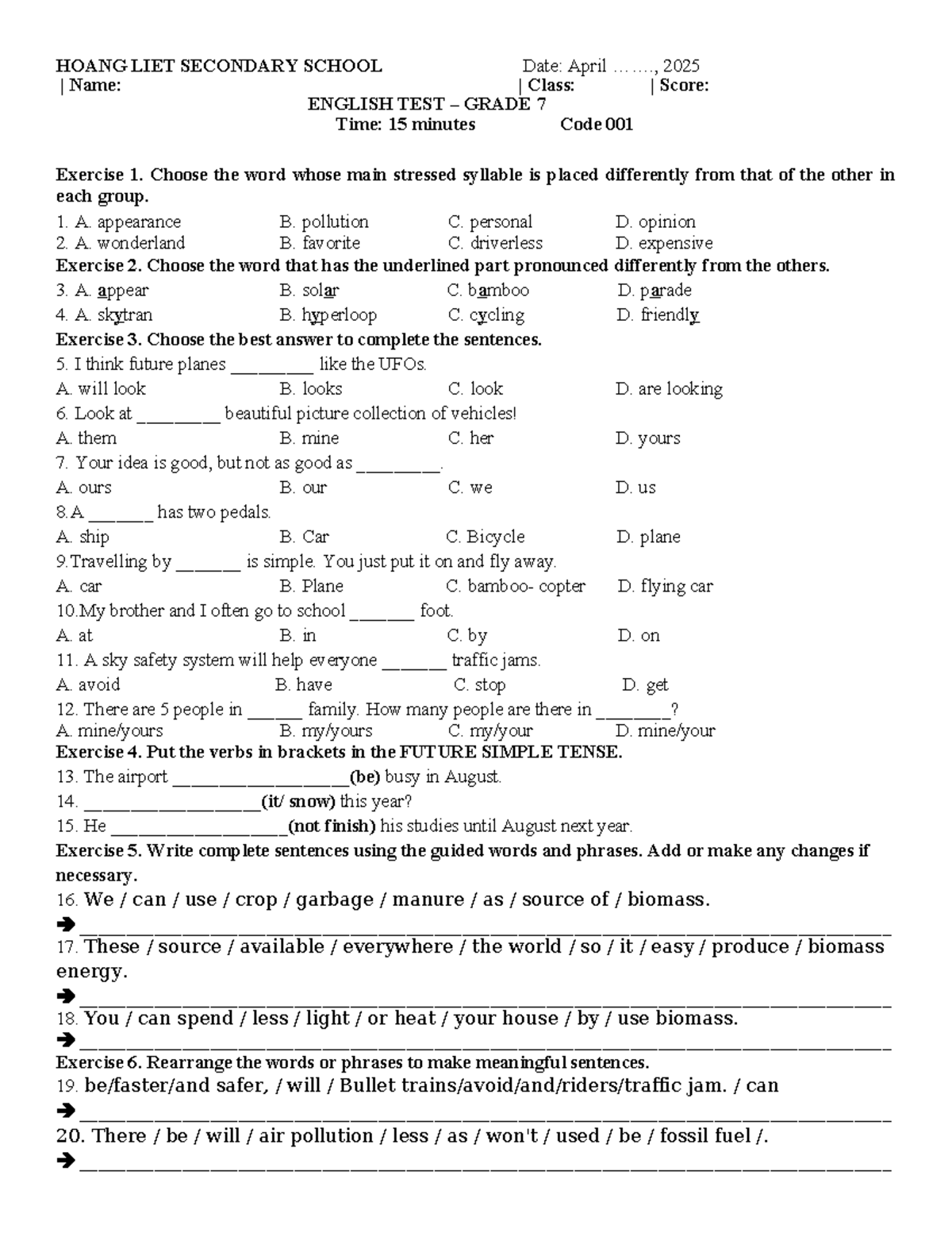 ENGLISH TEST GRADE 7 - Code 001 - Unit 11 Exercises and Answers - Studocu