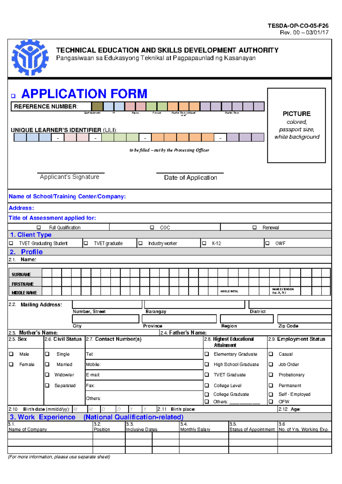TESDA Assessment Application Form - TESDA-OP-CO-05-F Rev. 00 - Studocu