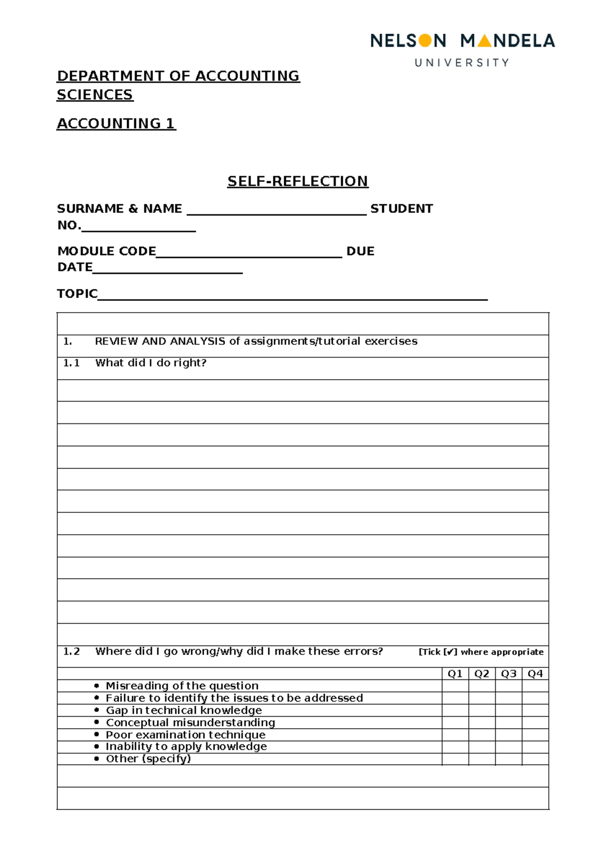 Accounting 1 Self-Reflection Document: Analysis of Assignments - Studocu