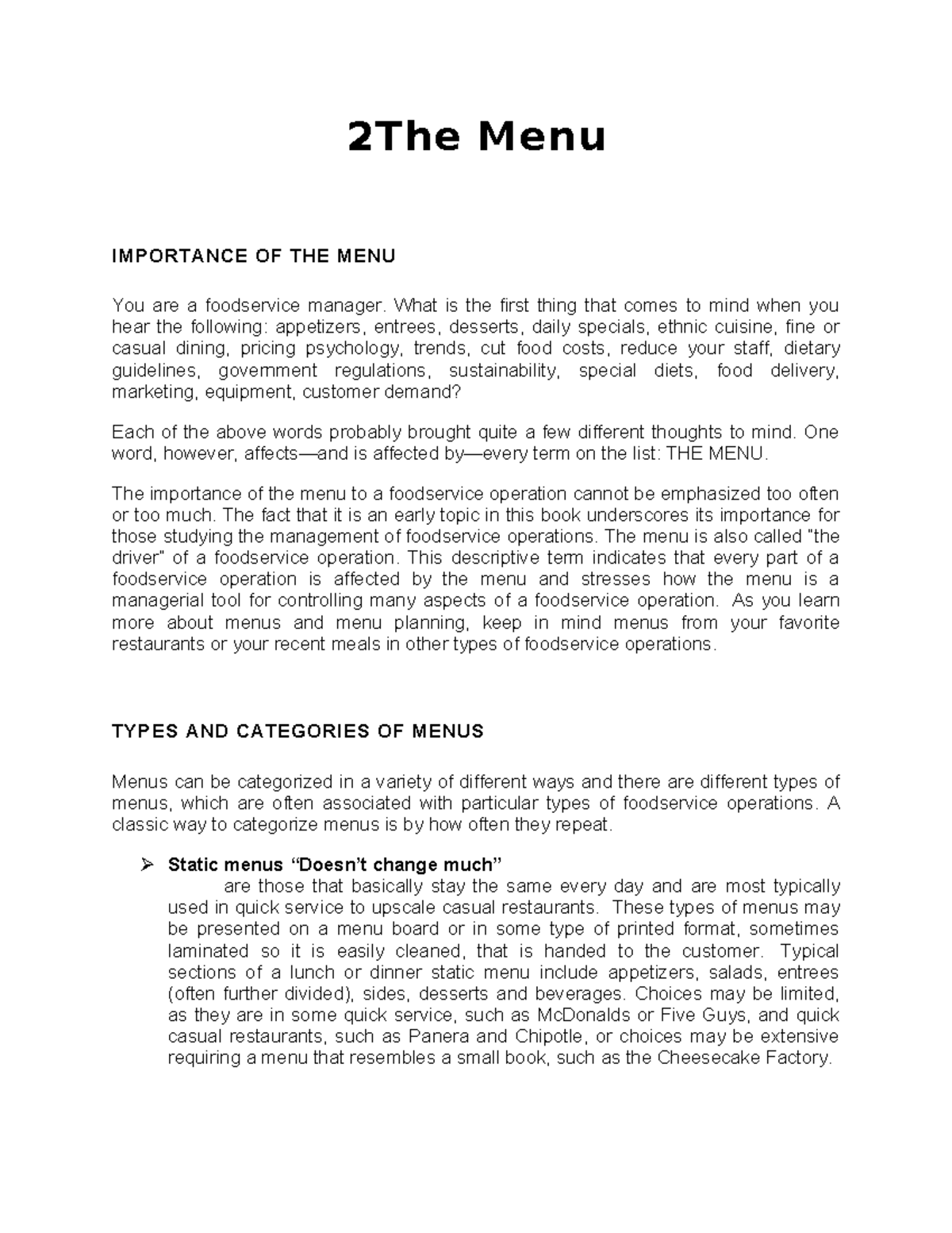 The Menu Culry 2 - use as you reference - 2The Menu IMPORTANCE OF THE ...