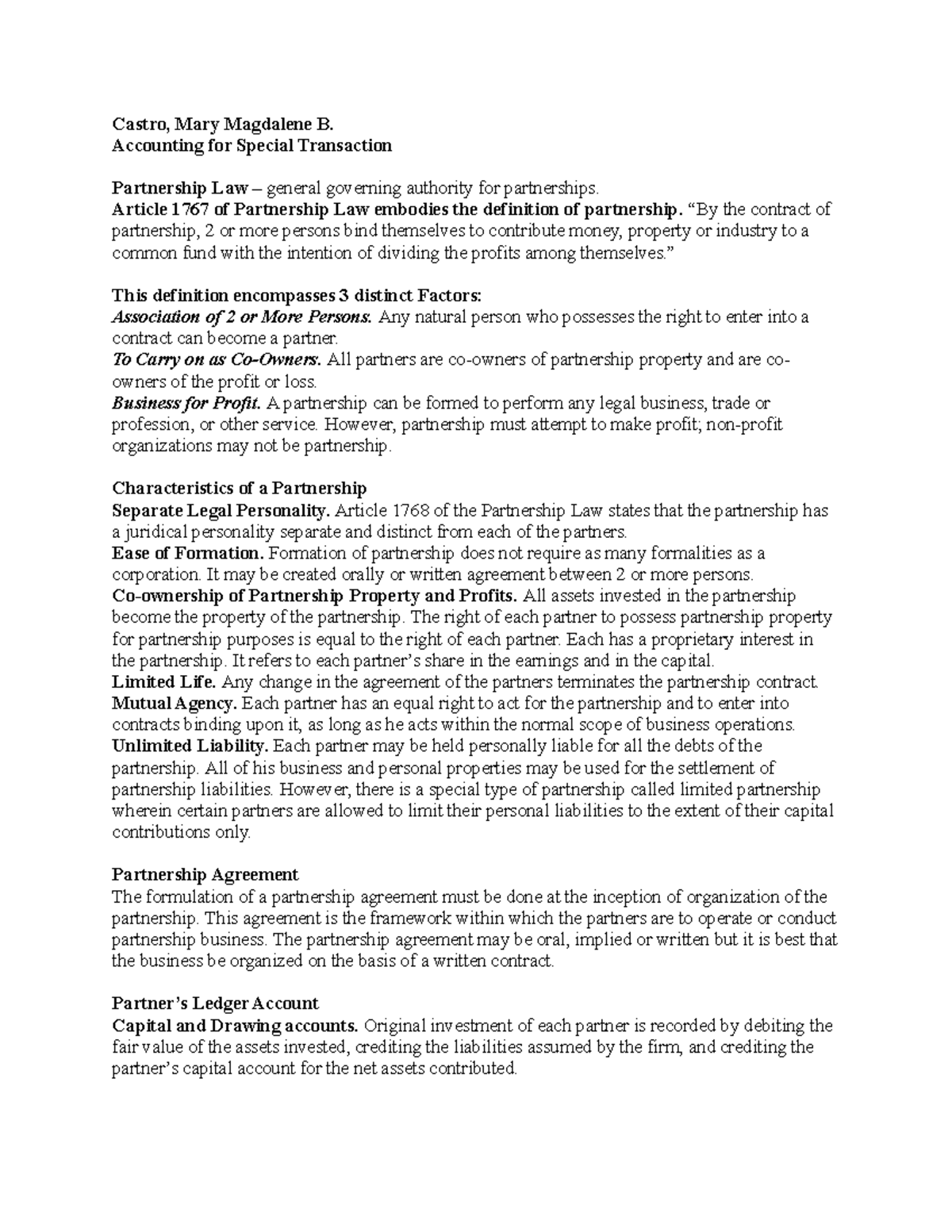 Accounting for Special Transactions in Partnerships (ACCT 101) - Studocu