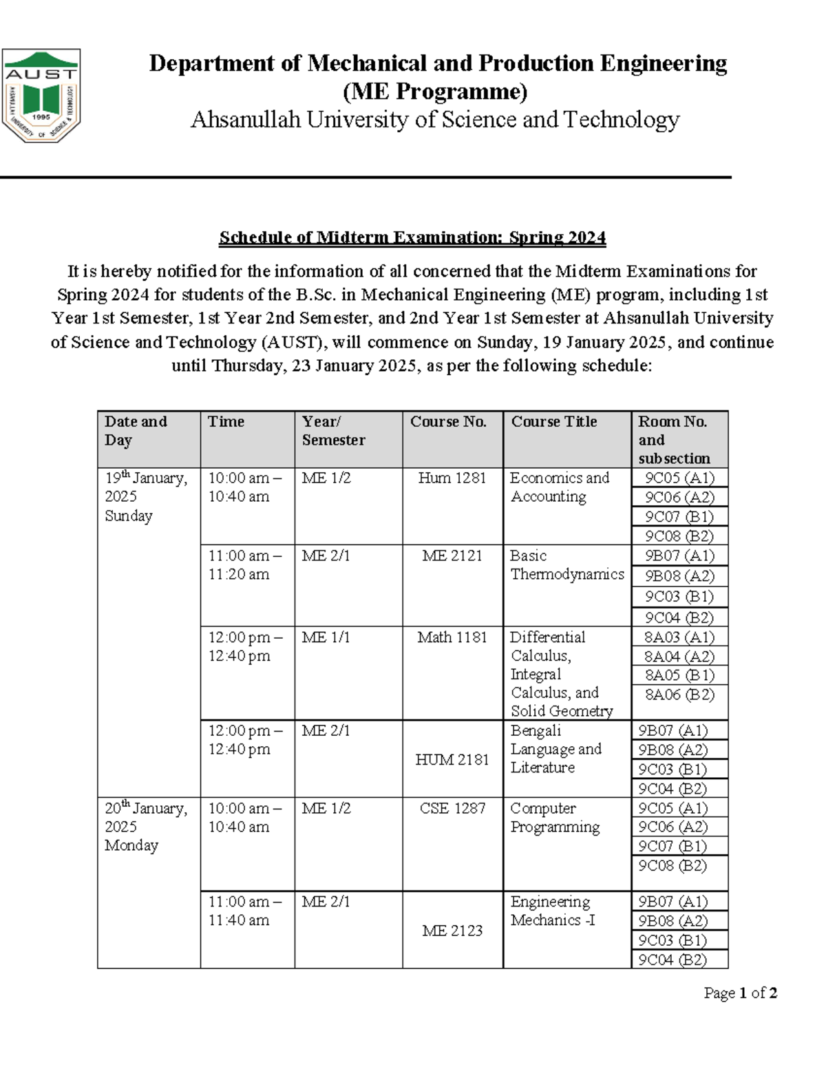 Midterm Exam Schedule for ME Programme - Spring 2024 - Studocu