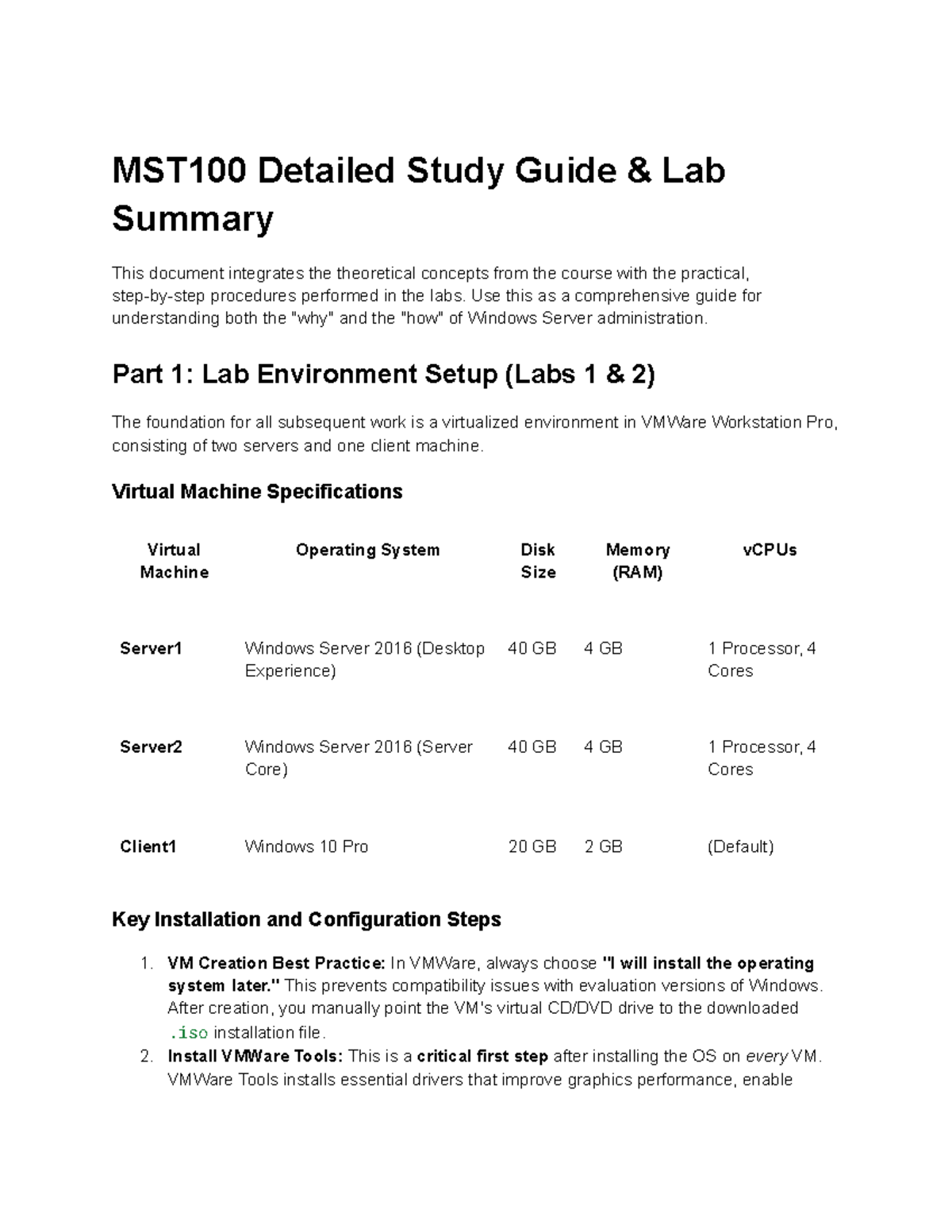 MST100 Final Exam Study Guide: Lab Setup & Server Management - Studocu